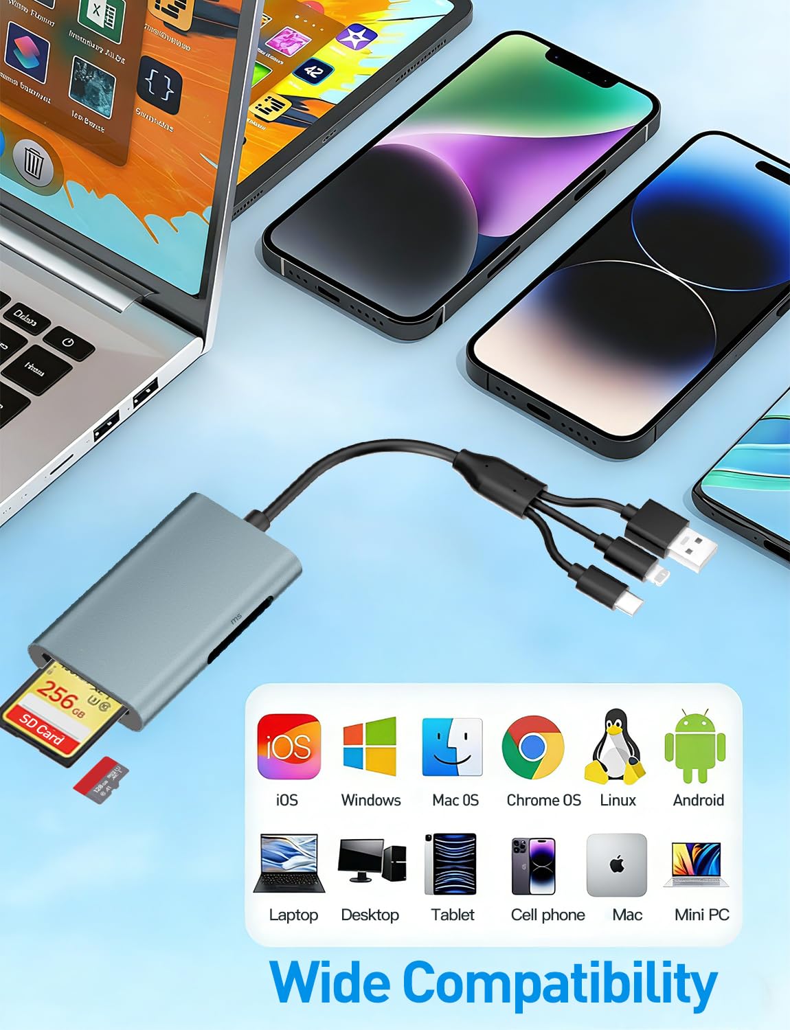 Czytnik kart pamięci 4 w 1 do kart SD/Micro SD/MS/xD, adapter Memory Stick Pro Duo ze złączami Lightning/USB-C/USB-A, czytnik kart Sony Cybershot do iPhone'a 17/16/15/14/Android/PC