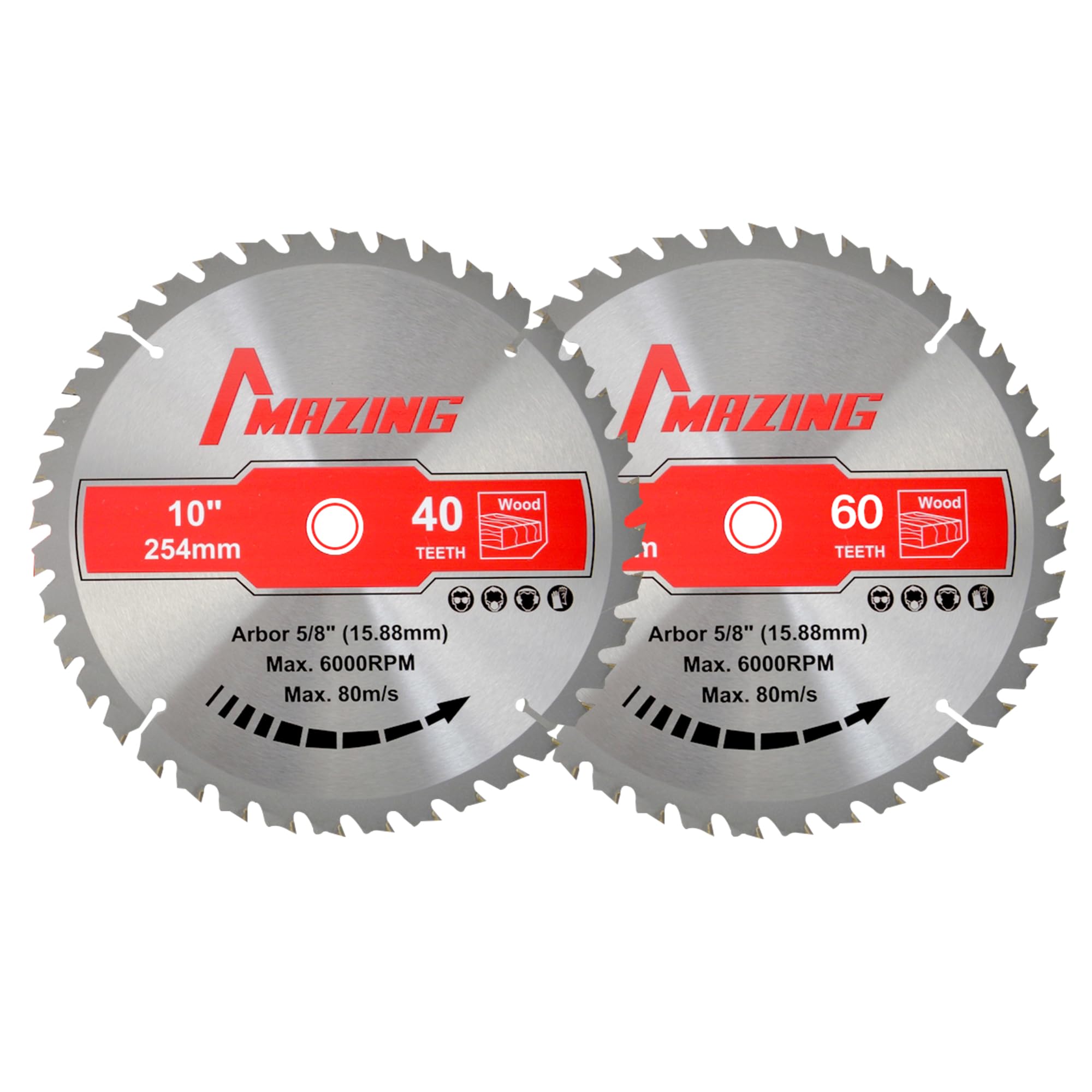 MAZING 2-Pack 10 Inch 40T&60T Circular Saw Blades, TCT Circular Miter & Table Saws Blades with 5/8 Inch Arbor, ATB Design for Woodworking, Fit for Cutting Plywood, Soft/Hardwood, Wood with Nails
