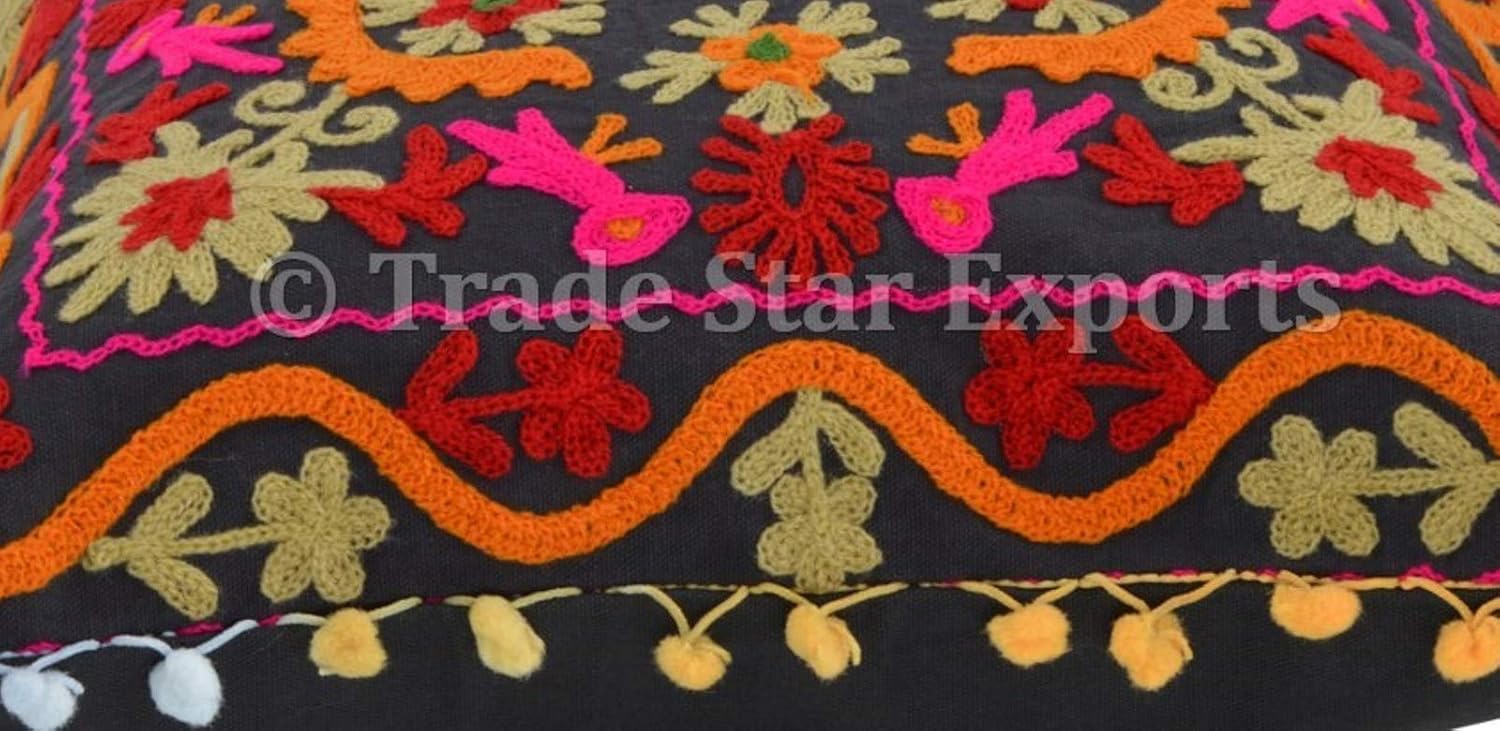 Trade Star Decorative Indian Pom Pom Pillow Case 100% Cotton Beautiful Embroidered Pillow Cover Modern Indoor Cushion Cover Ethnic Sofa Throw Pillow Sham for Couch Decor 16x16 Inches
