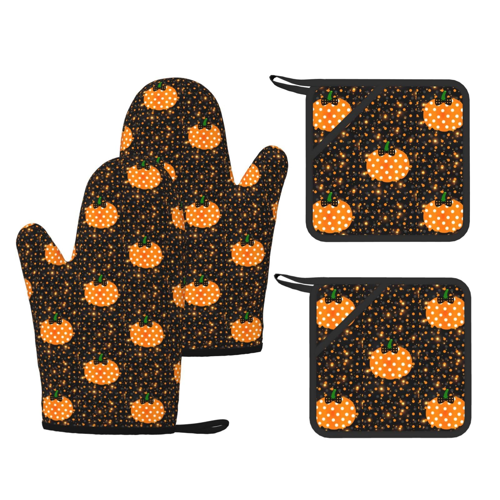 Halloween Pumpkin 1 Printed Potholder and Oven Mitt Set of 4, High Heat Resistant Cooking Gloves for BBQ Grilling