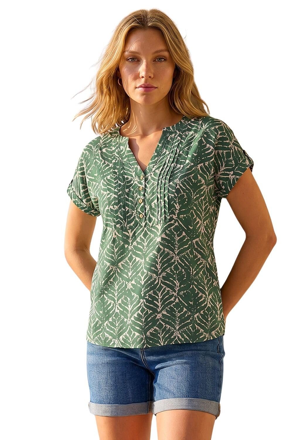 Roman Originals Women's Khaki V-Neck Top For Uk - Buttoned Short Sleeve Blouse Shirt T-Shirt Everyday Holiday Summer Casual Smart Office Work Casualwear Leisure Party