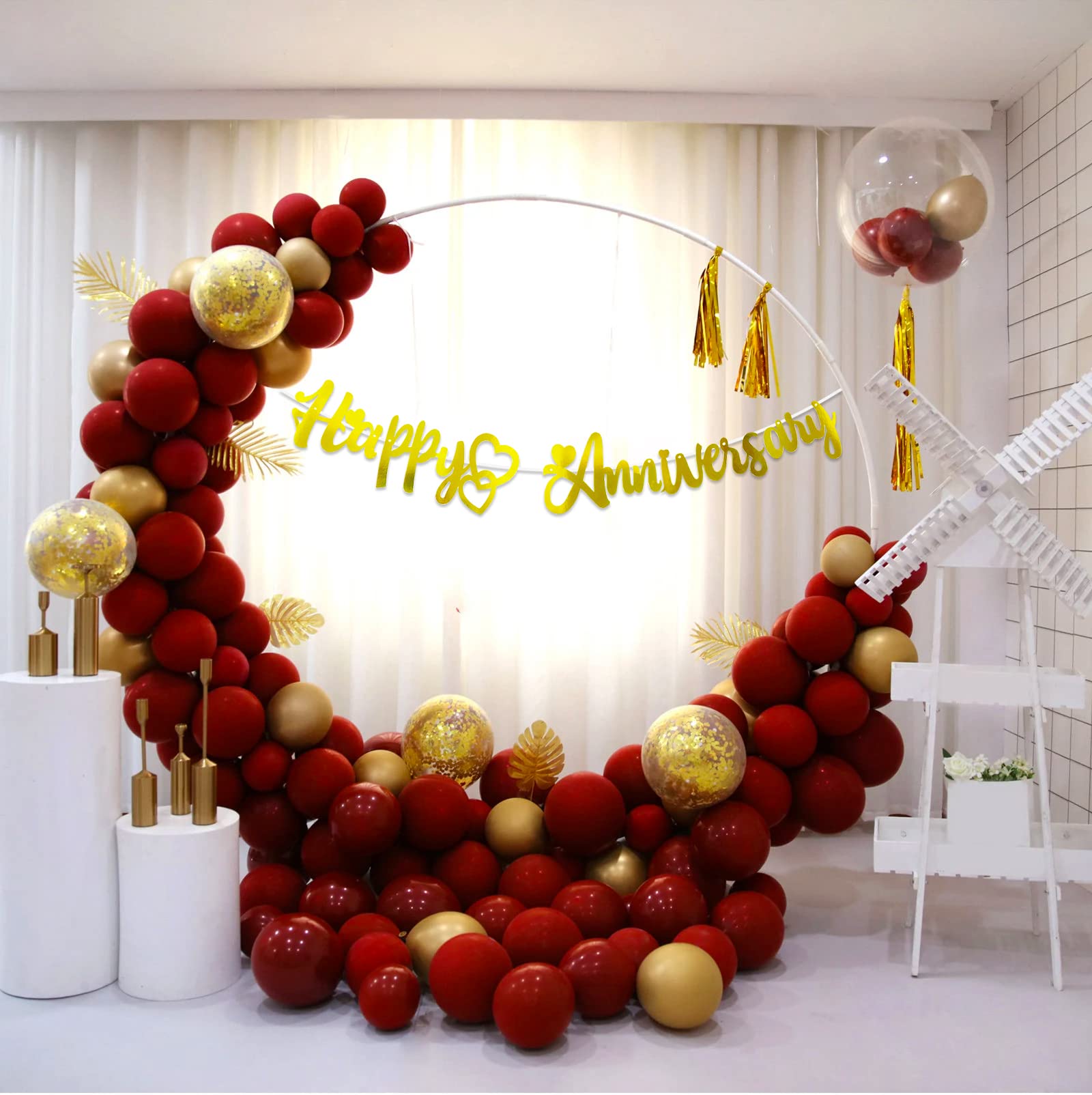 Party Propz Happy Anniversary Decoration Items Kit - 47 Pcs Red and Golden Metallic Happy Anniversary Balloon Decoration Set with Golden Banner and Confetti Balloon, Date Night and Proposal Decor