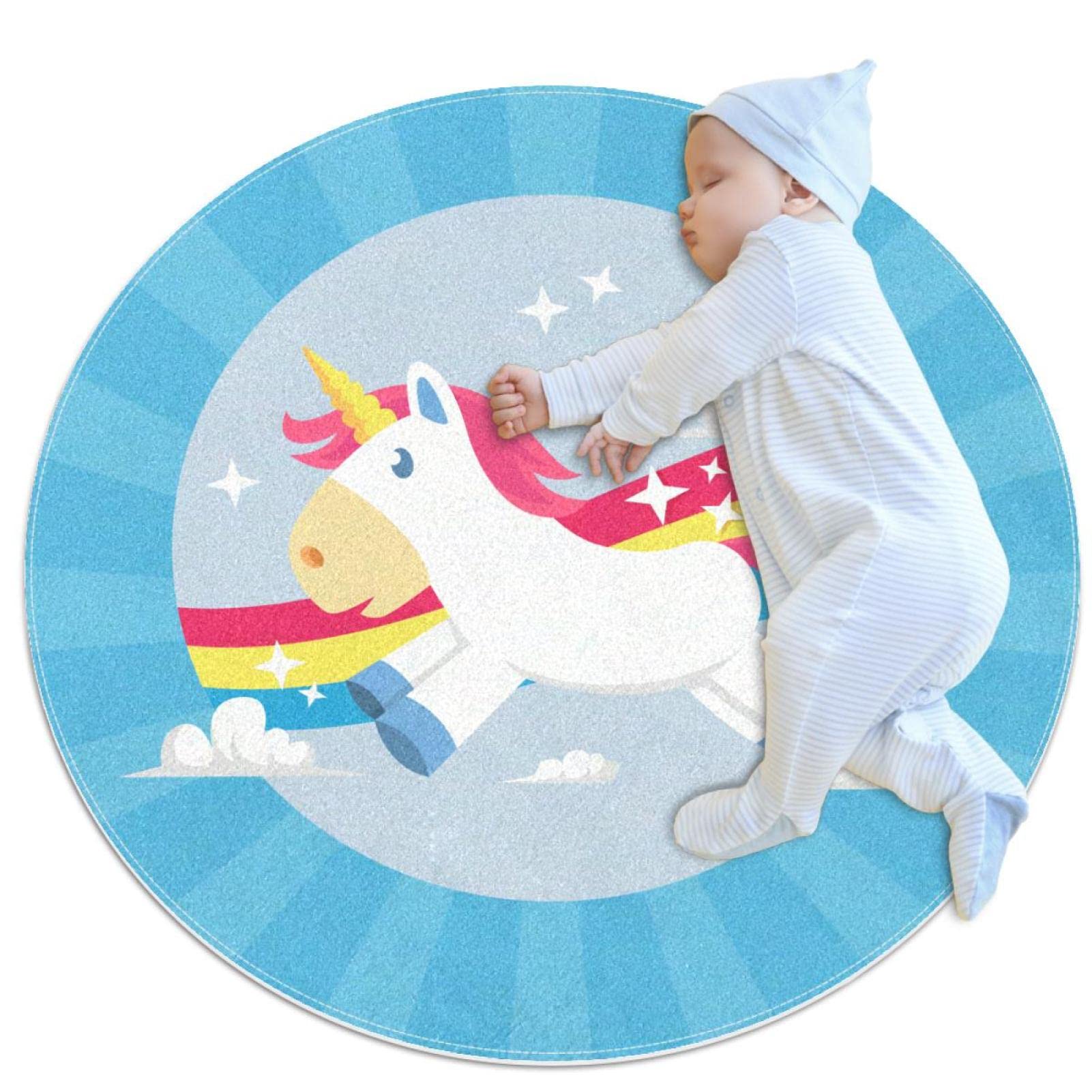 Tapis rond licorne bleu lavable pour décorer un coin lecture féerique