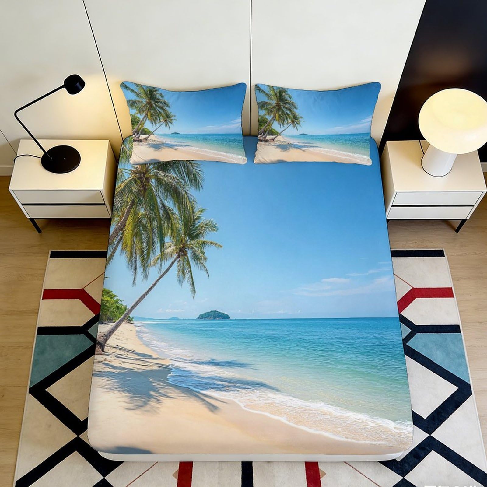 3D Printed Tropical Beach Fitted Sheet Microfiber Soft Blue Ocean Palm Tree Bed Cover for Bedroom Guest Room Decor 90x200x25cm