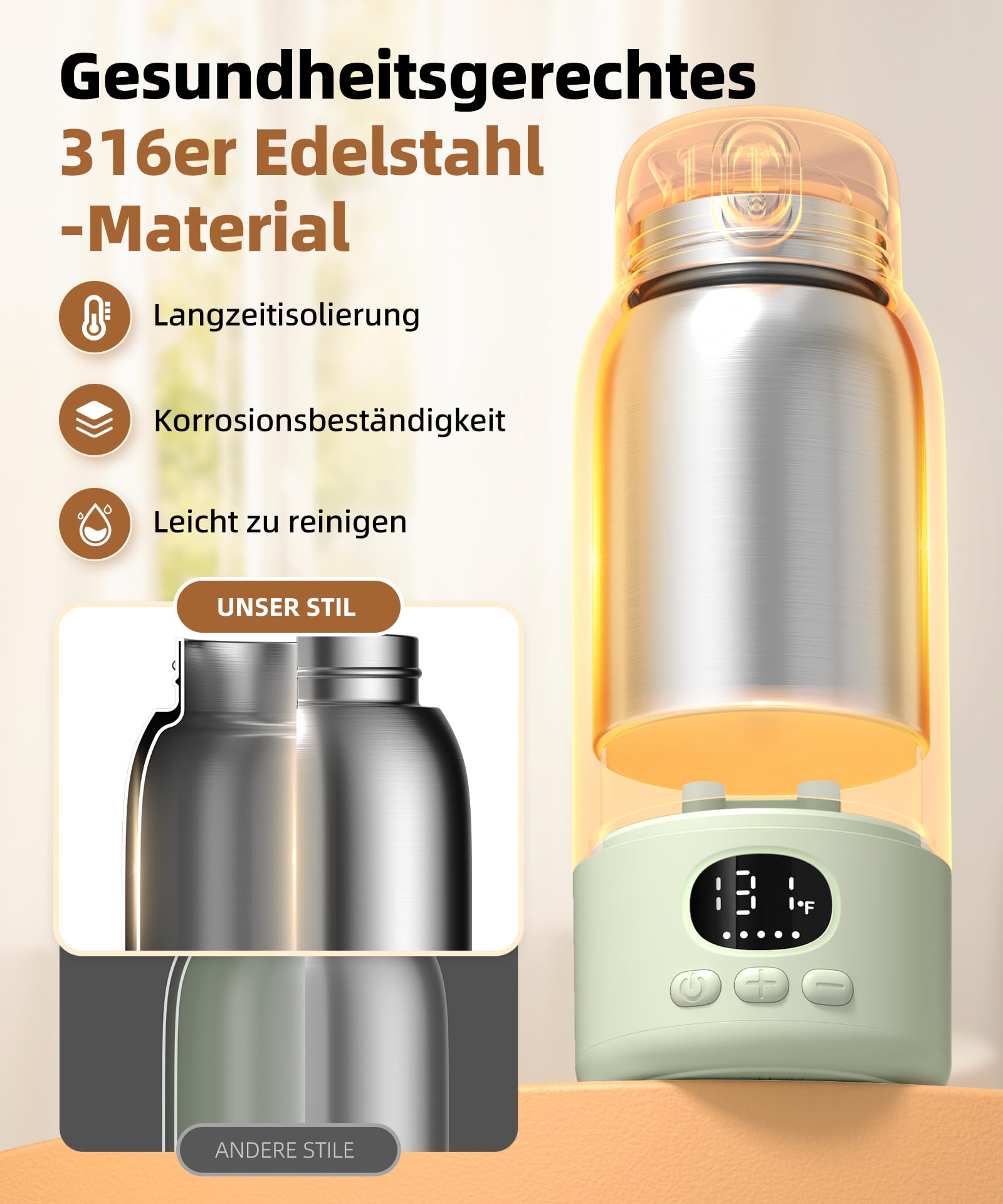 Flaschenwärmer Baby unterwegs Kabellos, Schneller Erwärmer 500 ml | Präzise Temperaturregelung, 316 Edelstahl, 14800mAh Akku, USB-C, Trockengehschutz, Auslaufsicher, unterwegs & Auto