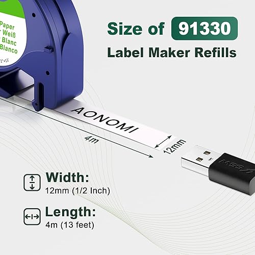 Cinta de etiquetas de repuesto para recambios Dymo Letratag, papel blanco de 0.472 in x 13.1 ft, compatible con recambios de rotuladora Dymo de 1/2