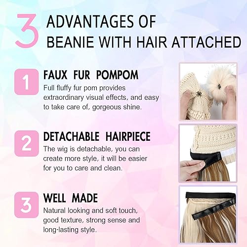 Miniatura 2 de AynnQueen Gorro con cabello unido para mujer, peluca de punto con gorro de punto de invierno a rayas con extensiones de cabello extraíbles de 20