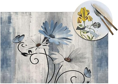Miniatura 3 de Juego de 4 manteles individuales florales de 12 x 18 pulgadas, manteles individuales decorativos de flores de margarita azul para fiesta, hogar,