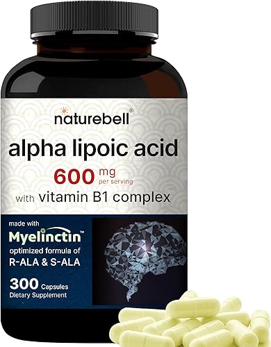 NatureBell Complejo de Ácido Alfa Lipoico, 600mg, 300 Cápsulas | Fórmula Myelinctin 4-en-1 con R-ALA, S-ALA, Tiamina y Benfotiamina | Alta Absorción