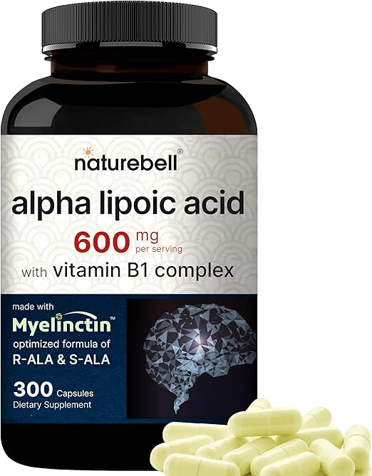 NatureBell Alpha Lipoic Acid Complex, 600mg, 300 Capsules | 4-in-1 Myelinctin Formula with R-ALA, S-ALA, Thiamine & Benfotiamine | High Absorption & Antioxidant Support | Non-GMO, Gluten-Free