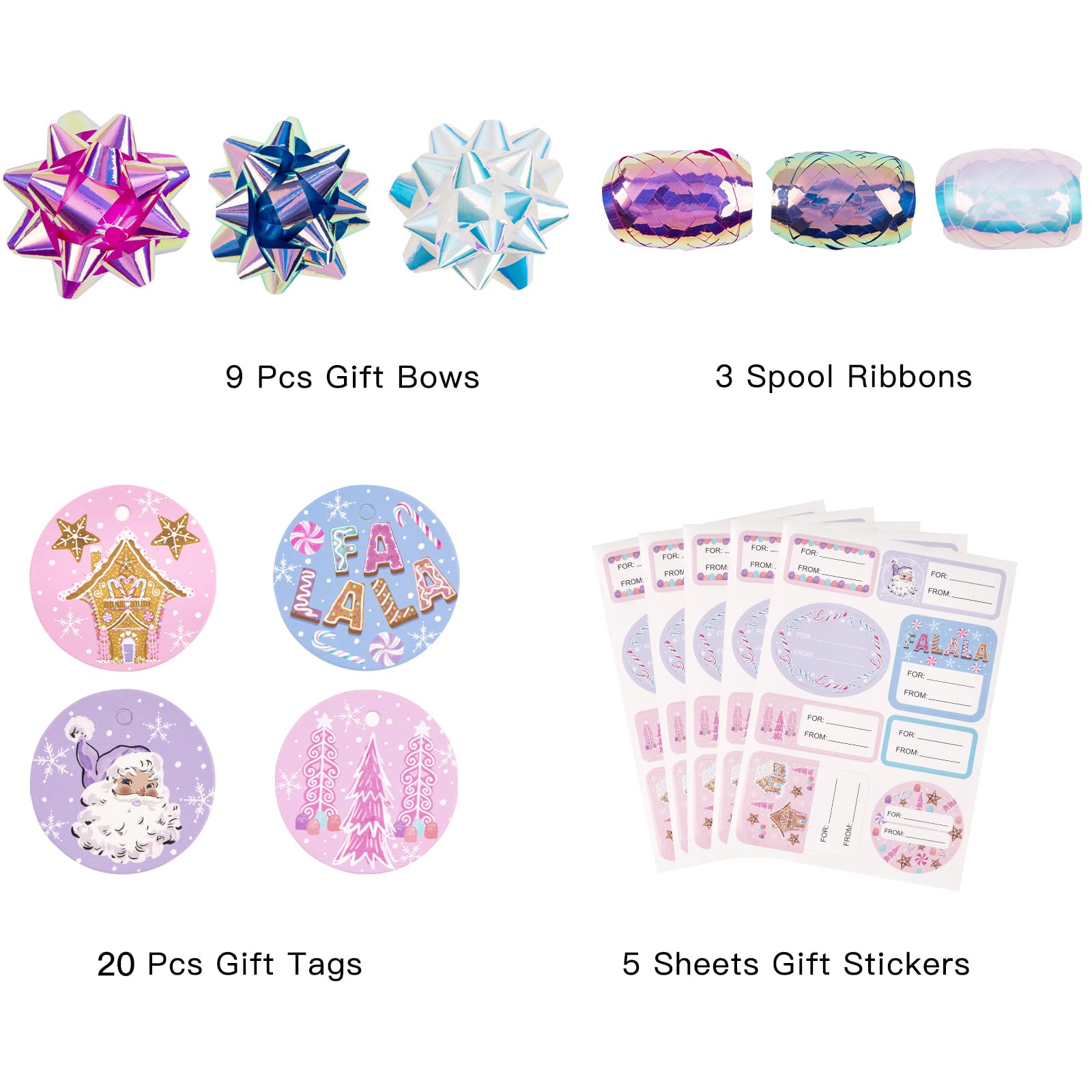 WRAPAHOLIC Weihnachts-Geschenkpapier-Set – Pastellrosa, Lila, Lebkuchenhaus und Weihnachtsmann, Geschenkpapier mit geprägtem Bündel mit Geschenkschleife & Band & Etikett & Aufkleber