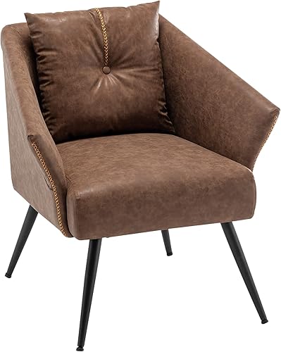 Miniatura 8 de Alunaune Juego de 2 sillas decorativas tapizadas de color marrón, modernas de piel sintética, sillas para sala de estar, silla con brazos, silla de