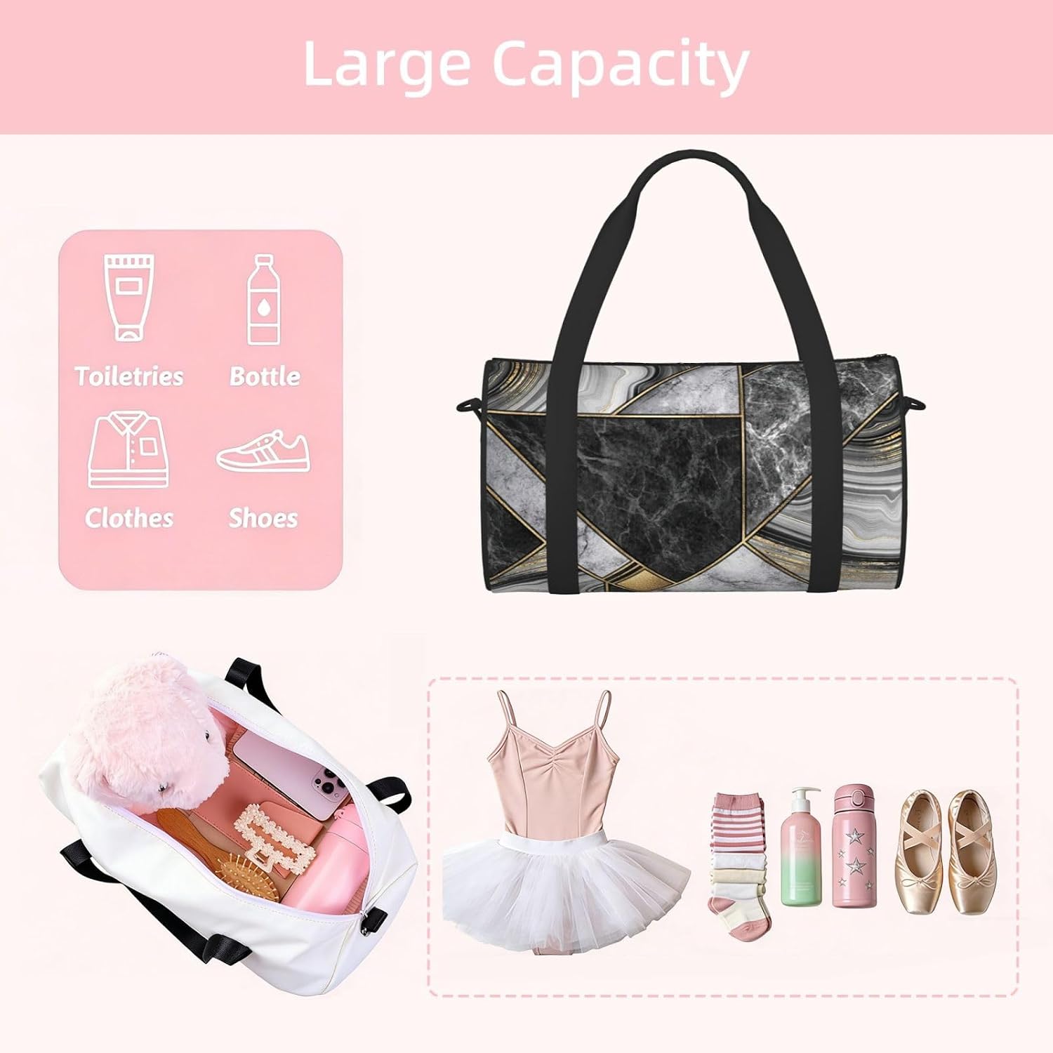 Black Marble Texture Gold Print Sports Tote Bag Lightweight Water-Resistant Gym Backpack Travel Supplies