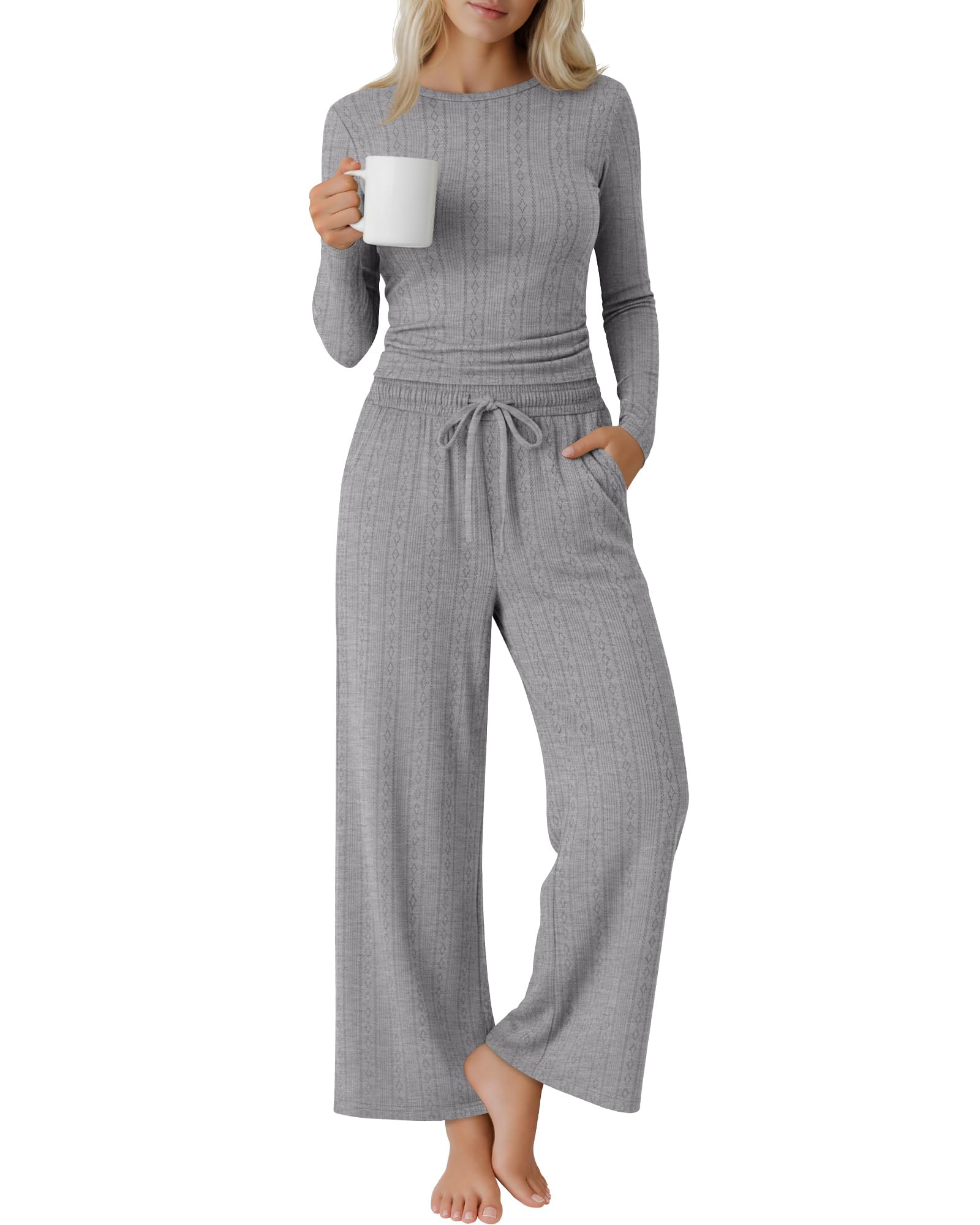 Womens 2 Piece Lounge Set Long Sleeve Crew Neck Top Drawstring Wide Leg Pants Casual Tracksuit Matching Set
