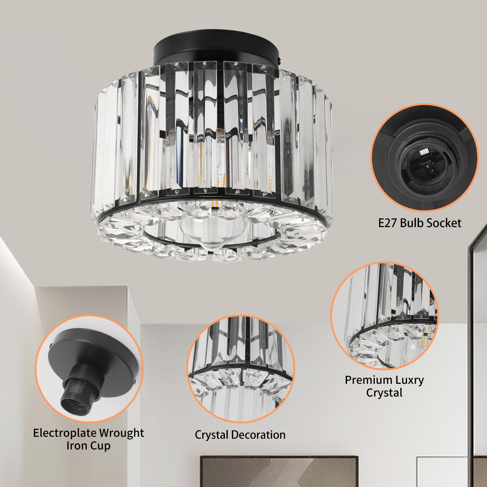 Hudi Fyier Modern Crystals Ceiling Lighting Fixtures, Black Small Ceiling Lamp - Image 4