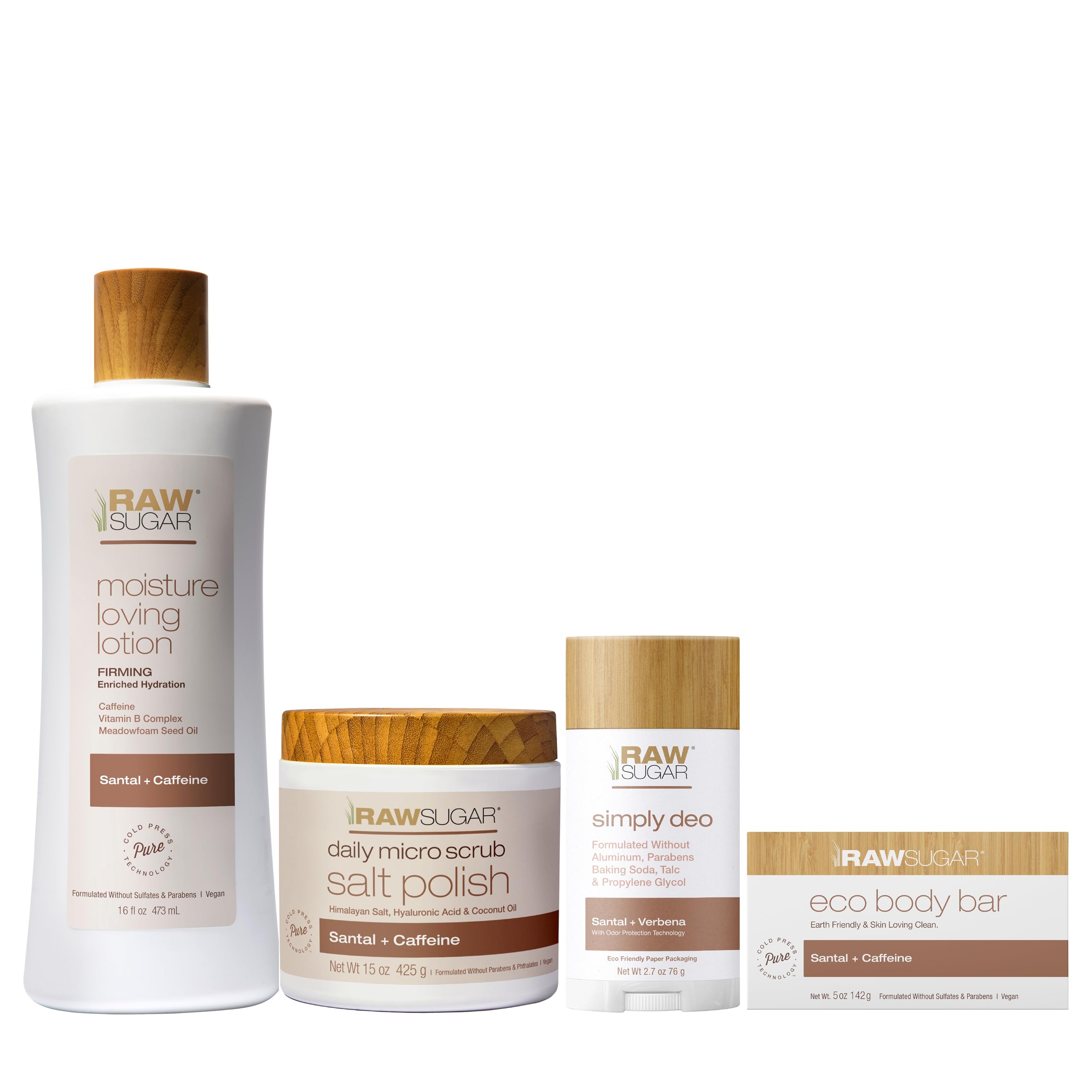 Raw Sugar Santal Body Love Bundle - Body Scrub, Body Lotion, Soap Bar, & Deodorant, Vegan and Cruelty Free, Formulated without Sulfates + Parabens