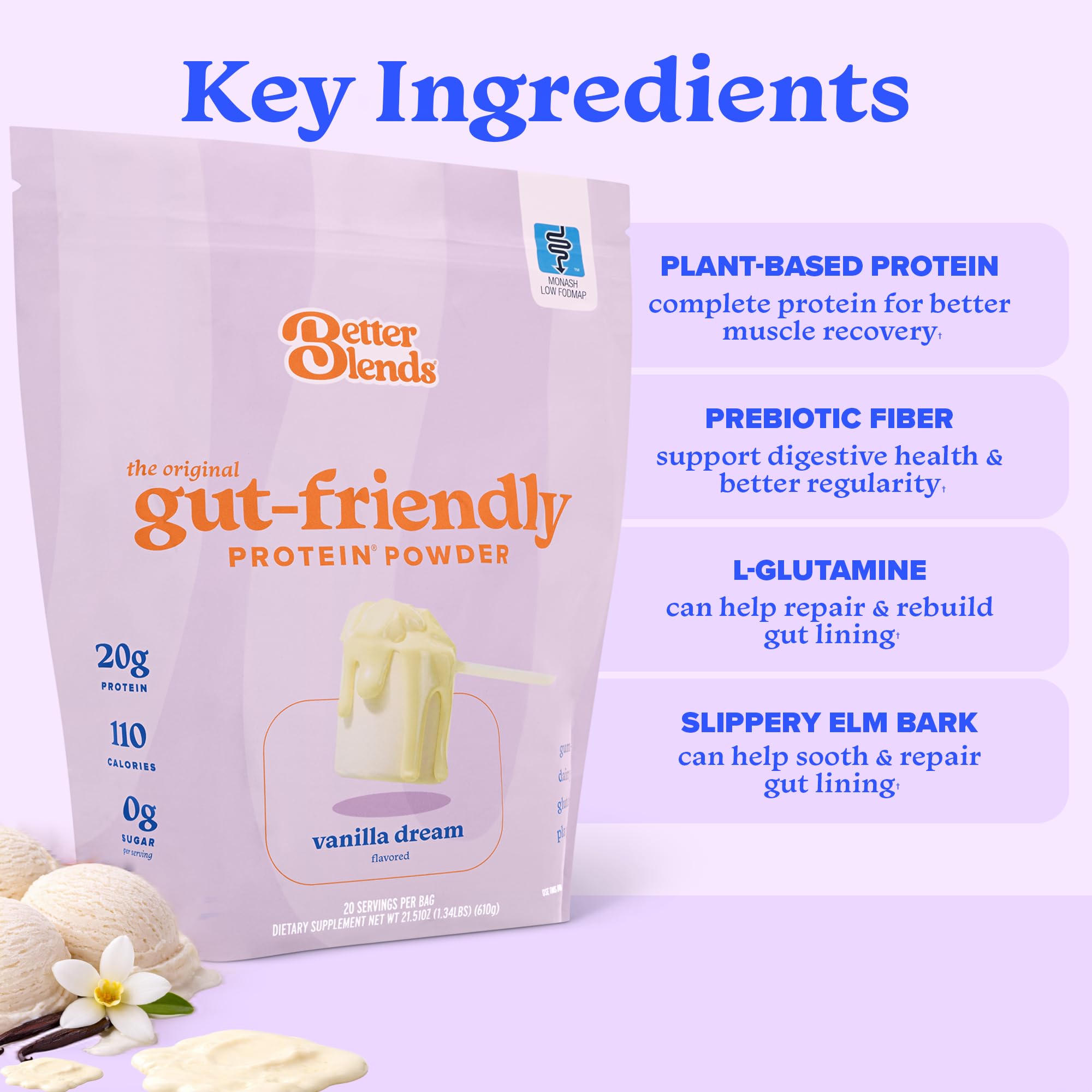 Gut-Friendly Protein Powder for Sensitive Stomachs, Low FODMAP, 20g Vegan Pea & Rice Protein with Prebiotic Fiber, Dairy-Free, Gluten-Free, No Gums or Added Sugar - Vanilla Dream — Amazon image 3