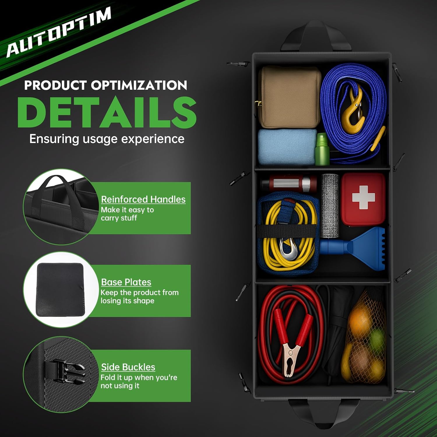 AUTOPTIM Car Trunk Organizer - 85L Collapsible Car Organizer with Non Slip Bottom for Groceries, Trunk Storage with Base Panel for SUV Sedan Van, 3 Compartments (Black, Large)