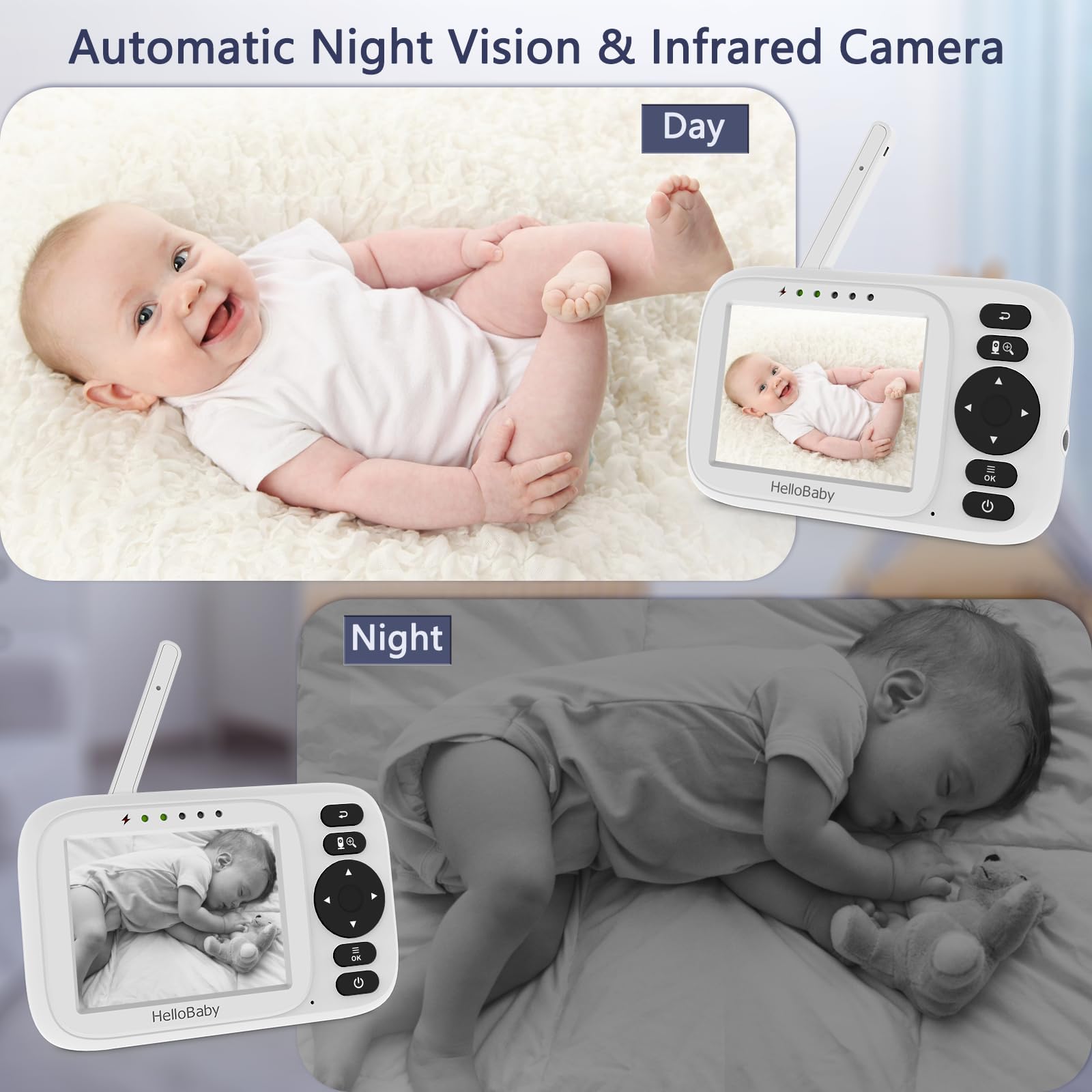 HelloBaby Baby Monitor con Video e Audio, 3.2" IPS Schermo, Zoom Digitale 2X, Visione Notturna, ECO/VOX, Promemoria Poppate, 8 Lingue, Carica USB,Portata 300m