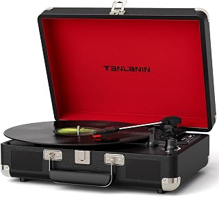 TANLANIN Vintage Bluetooth Suitcase Turntable, 3-Speed Vinyl Record Player with Built-in Speakers, USB Recording, Portable Black for Home Décor