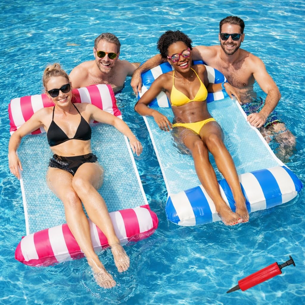 2 Pack Inflatable Pool Floats, Swimming Water Lounger Hammock for Adults, Air Pump Included, Pool Lounger Seat for Beach Summer Holiday, Blue and Red