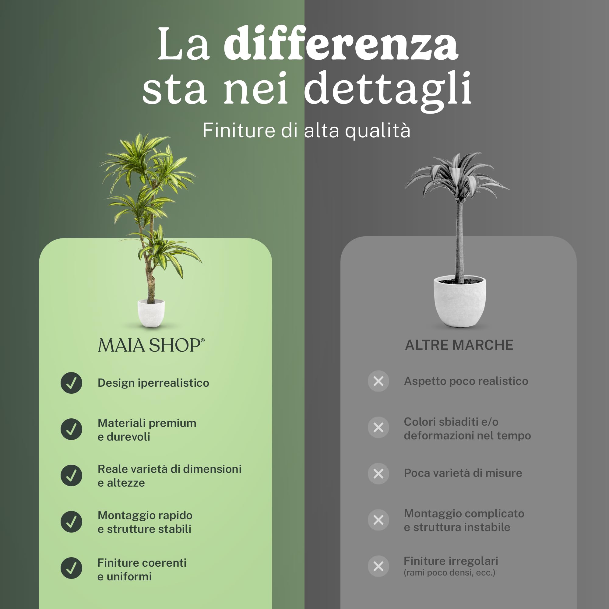 MAIA SHOP Dracaena artificiale 120 cm, pianta finta decorativa iperrealistica, albero tropicale per casa ufficio hotel e interni coperti