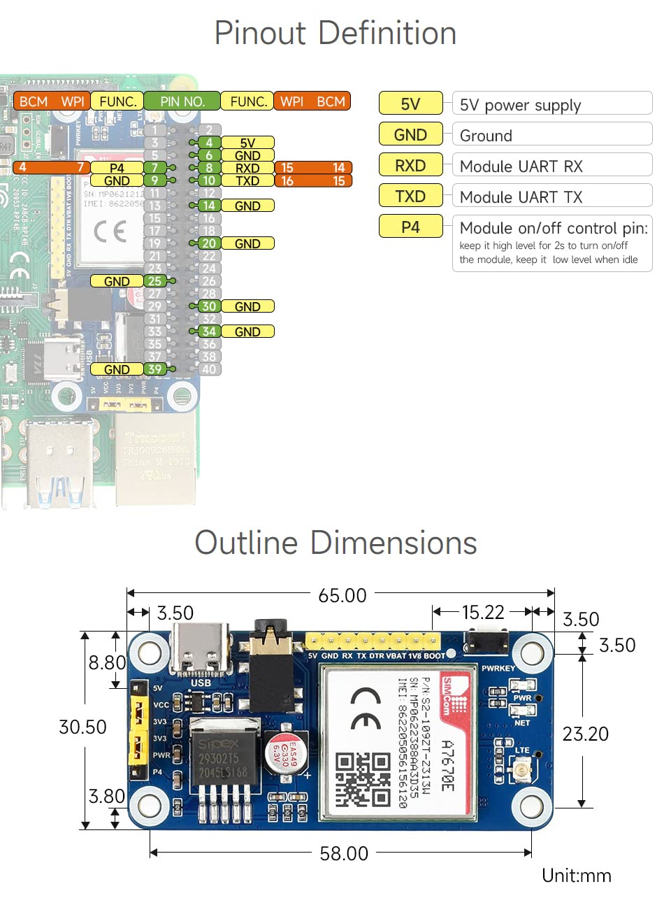 Waveshare A7670E LTE Cat-1 Hat for Raspberry Pi Enabling LTE Cat-1 / 2G Communication & LBS Positioning Multi Band Support 2G gsm/GPRS
