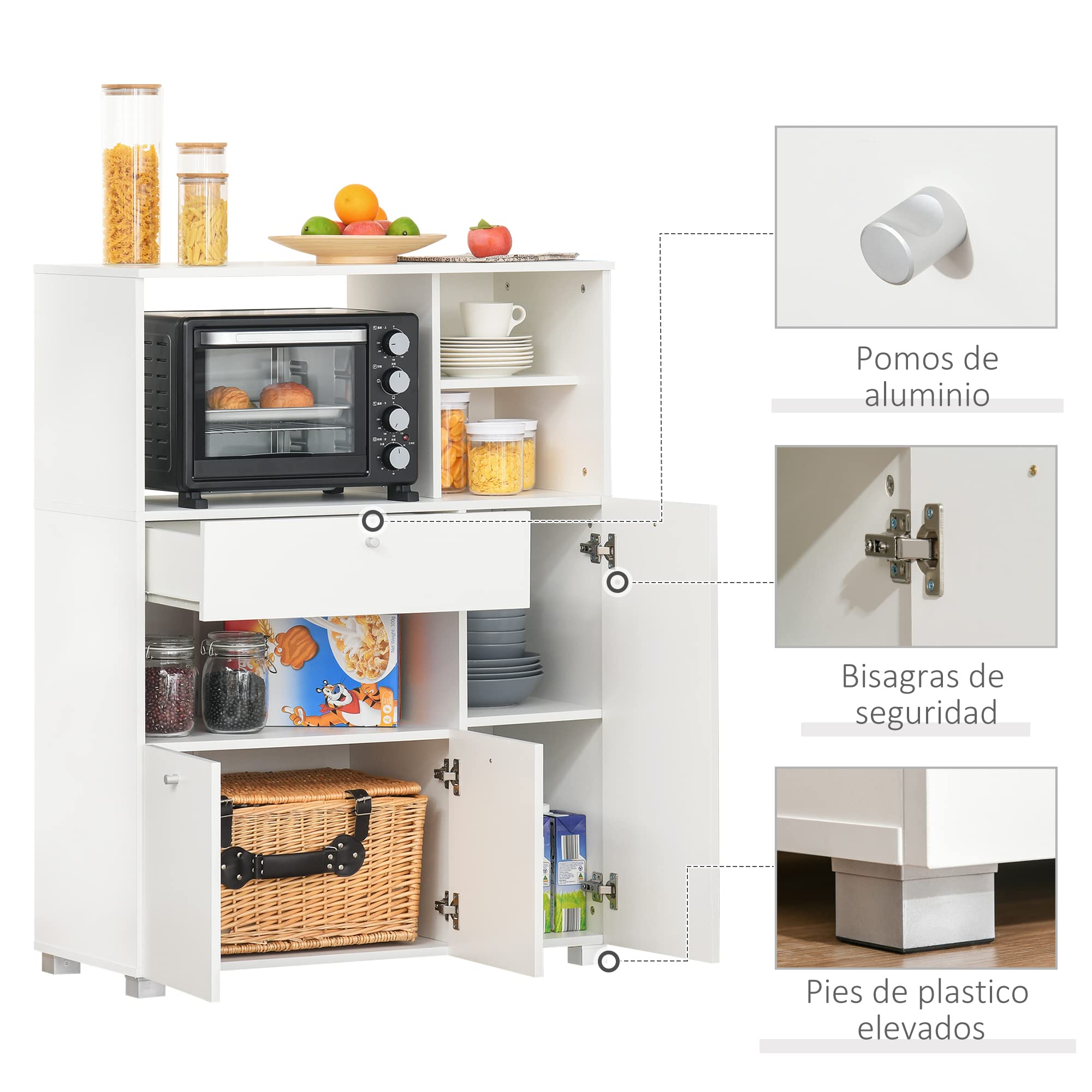 HOMCOM Mueble Auxiliar de Cocina Mueble para Microondas Aparador de Cocina con Cajón Estantes 3 Puertas 3 Compartimientos Diseño Anti-vuelco para Comedor 90x40x120 cm Blanco