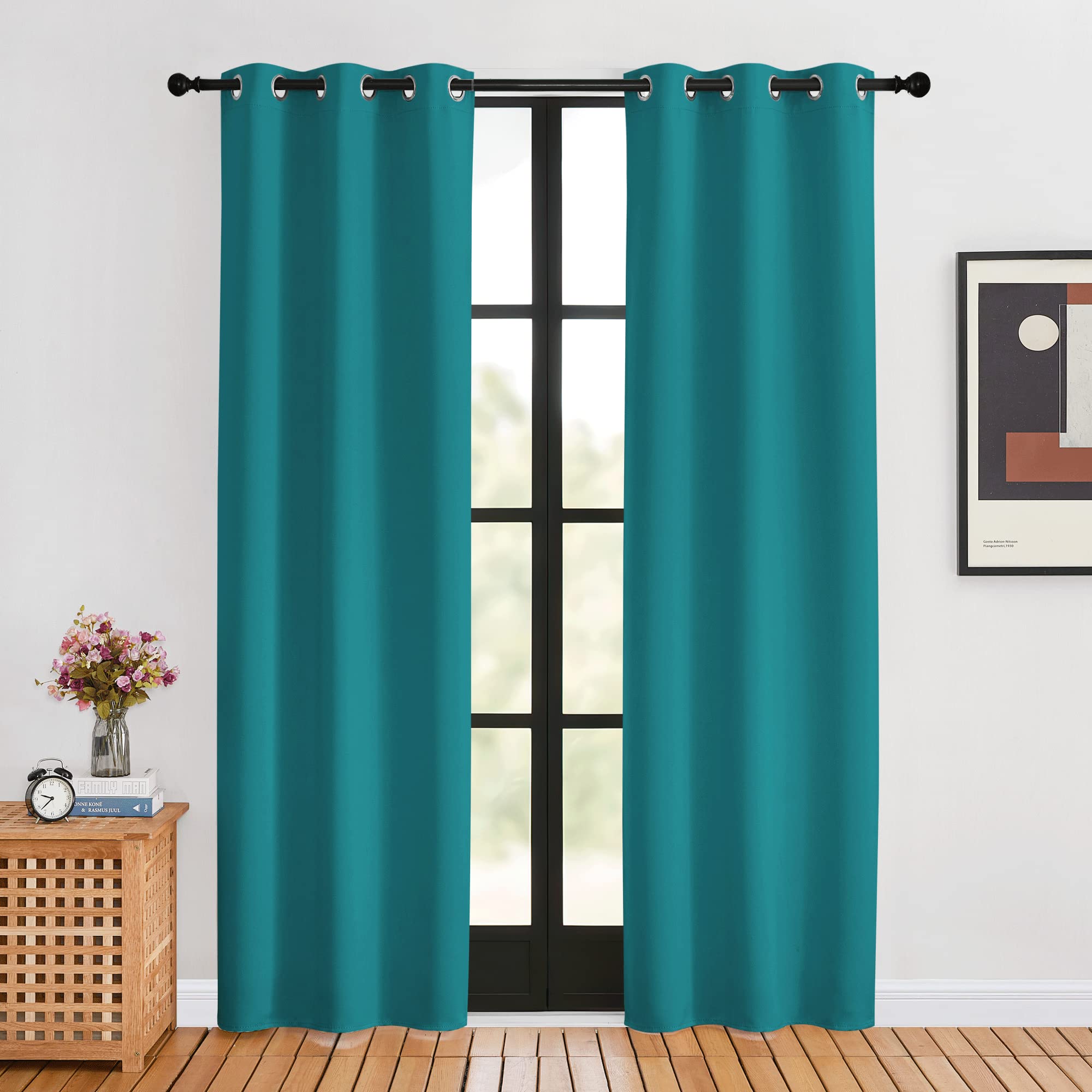 NICETOWN Room Darkening Curtains 80 inch Length 2 Panels, Peacock Teal, 2 Pieces, W34, Thermal Insulated Grommet Blackout Curtains for Modern Casual Elegant Bedroom Kids Room Theme Decoration