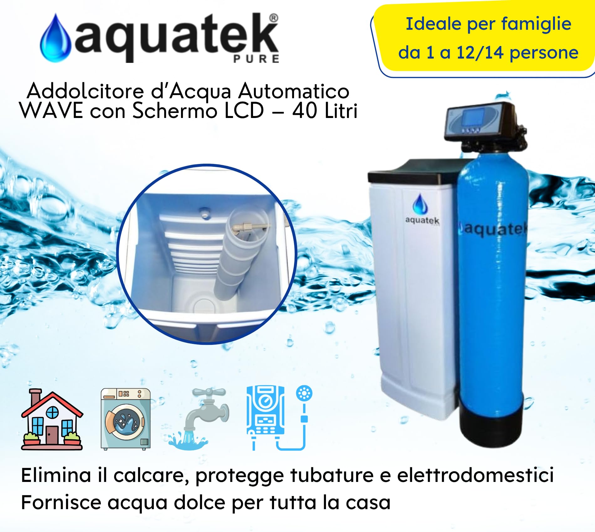 Aquatek - WAVE LCD 40 Litri Addolcitore D'Acqua Automatico Doppio Corpo con Valvola Elettronica Runxin F79B-LCD Incluse Resine Pronto Installazione Per Famiglie 1-14 Persone