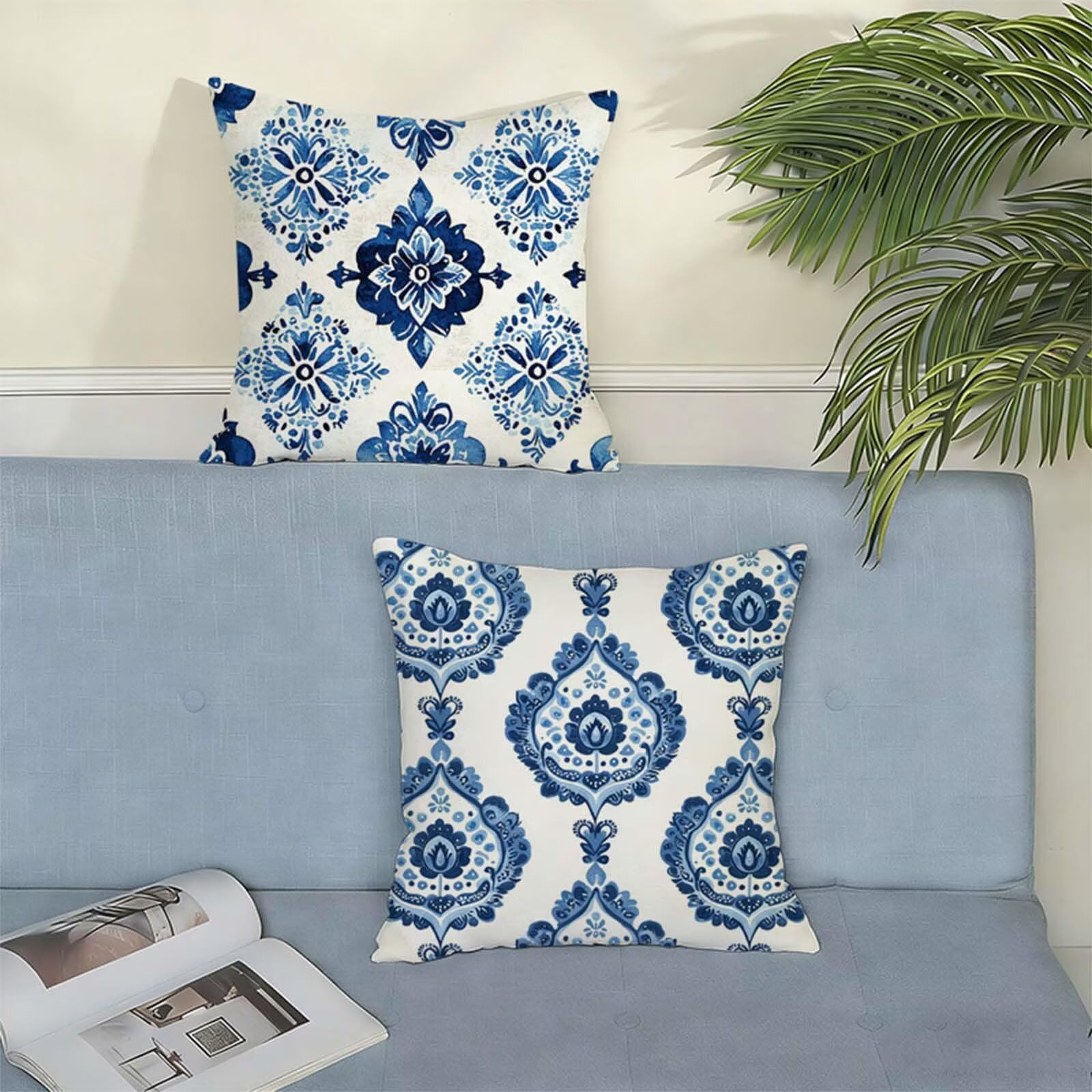 Housse Coussin 80x80 Bleu Lot de 2, Bohême Housse de Coussin Lin, Doux Confort Taies d'oreiller Imperméable Extérieur, Fermeture Éclair, Lavable en Machine, Canapé, Chambre, Fauteuil, Exterieur X-720