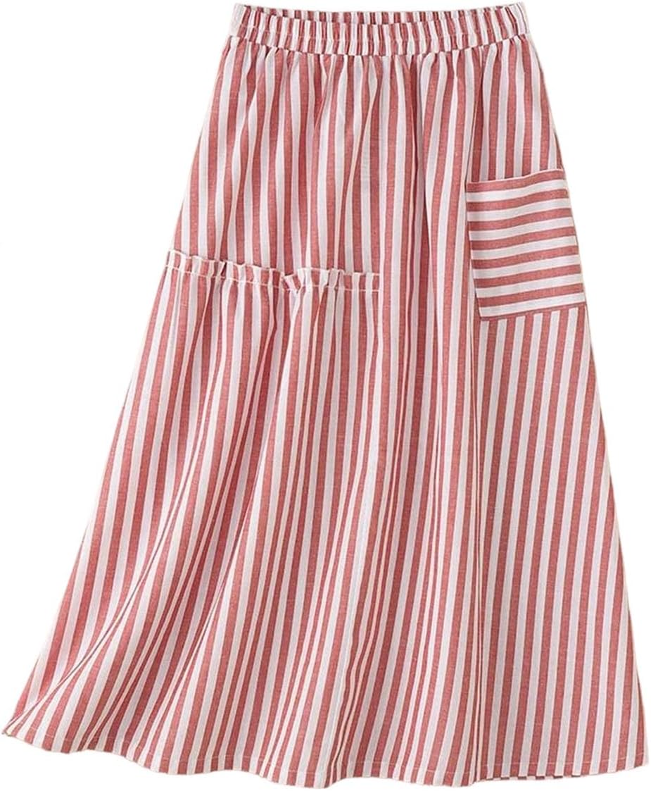 Women Stripe Midi Skirt High Waist Pleated A-Line Skirts for Office Work