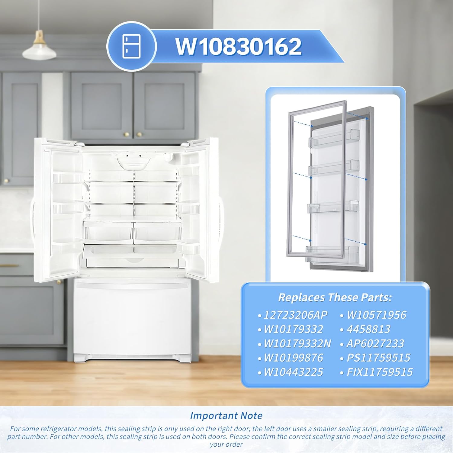 Upgraded W10830162 Refrigerator French Door Gasket Compatible with Whirlpool KitchenAid Kenmore, Replace 12723206AP W10179332 W10179332N W10199876 W10443225 W10571956 4458813 AP6027233 PS11759515