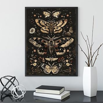 Retro Dark-Art Canvas Print Picture For Home Living Bedroom Office Decor-Wall Art Framed Moody Botanical Moth Poster For Dark Aesthetics Lover Decor-Dark Fantasy