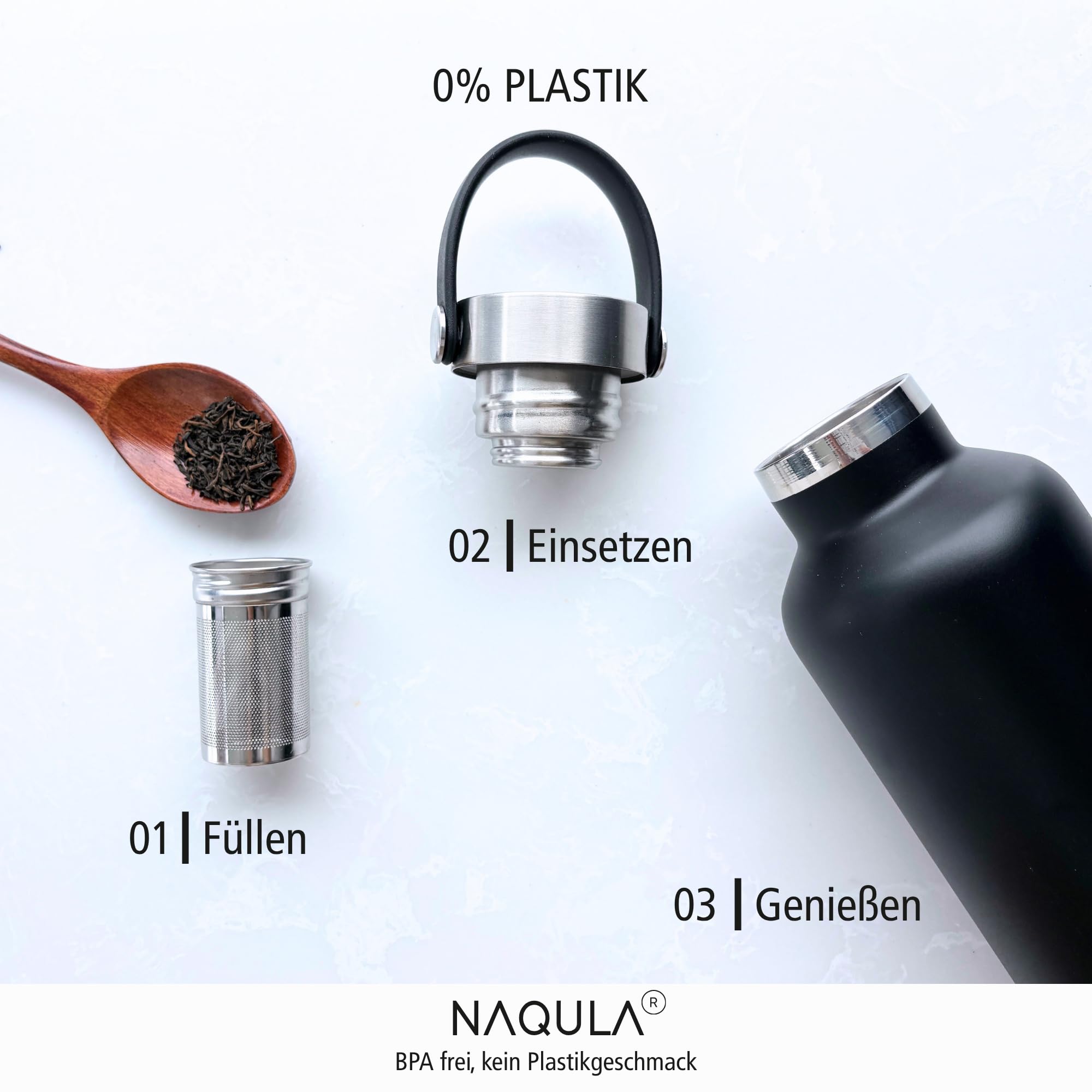 Termo NAQULA con asa y colador extraíble para té o frutas. Botella de acero inoxidable a prueba de fugas, apta para bebidas carbonatadas, termo caliente y frío (negro, 1000 ml)