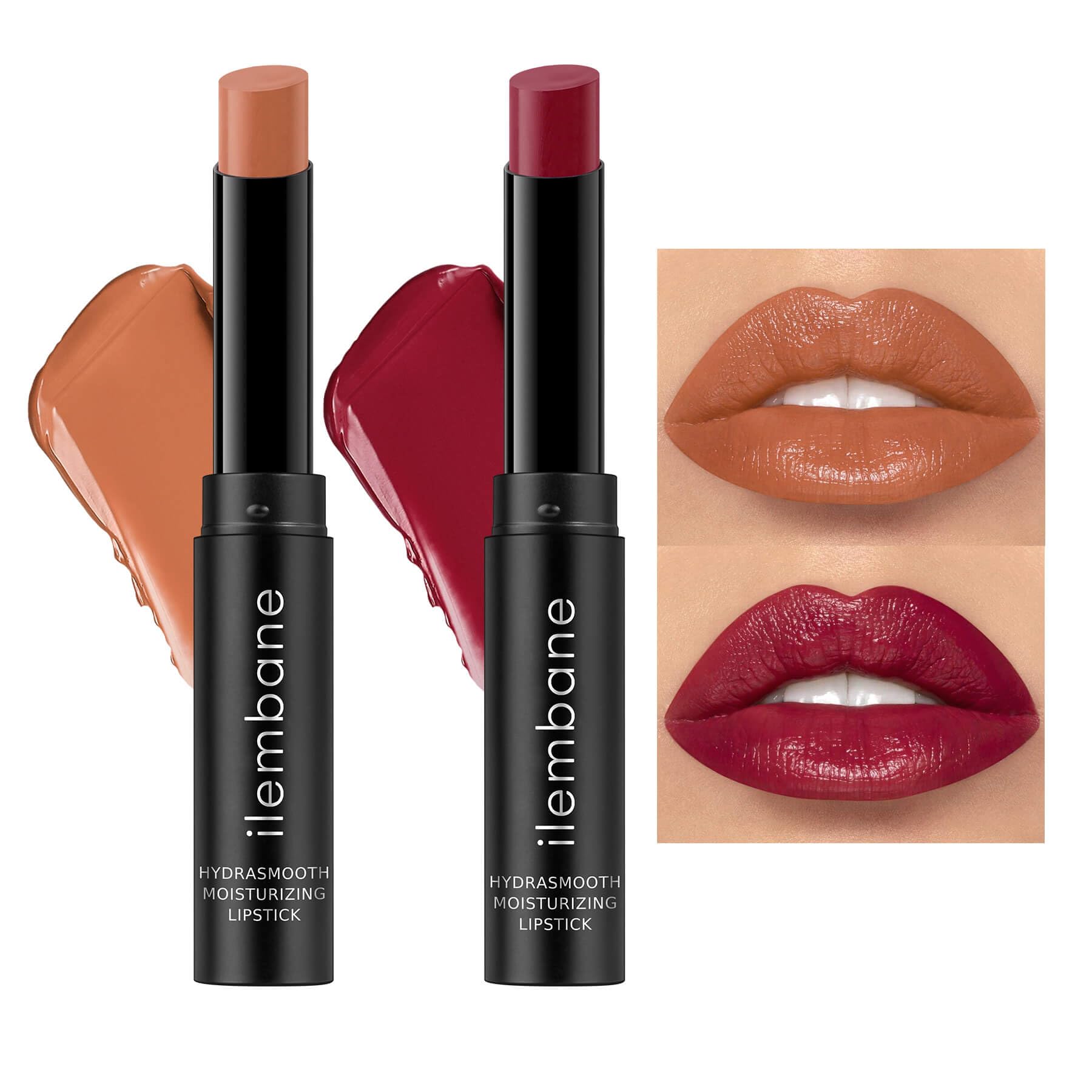 ilembane Hydrating Lipstick Set, Caramel Nude & Plum Red Tinted Lip Balm | Shea Butter, Hyaluronic Acid & Vitamin E, Hydrating Lip Care, Smooth Lip Texture, Glossy Juicy Finish, Lip Line Smoothing
