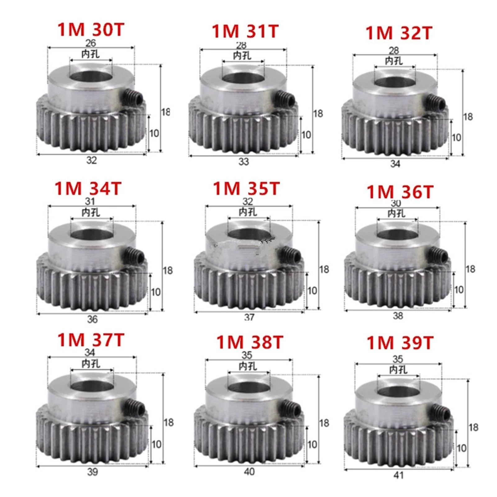 Bevel Gear Pinion Hardware Mechanical 1M 30T 31T 32T 34T 35T 36T 37T 38T 39Teeth Mod 1 Right Teeth 45# Steel Major Gear CNC Gear Rack Transmission(6mm-34T)