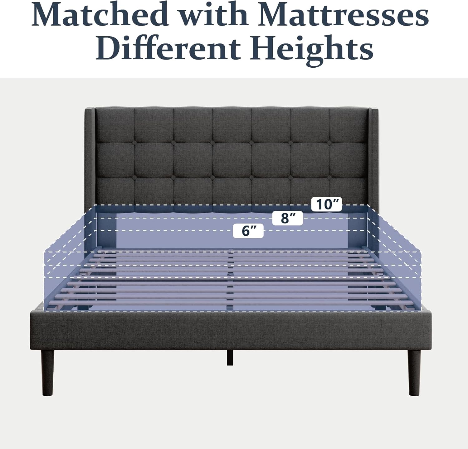 Large Bed Frame with headboard, Modern Soft-Padded Platform Bed Frame, Button Velvet Wing-Back Mattress Base, Noise-Free, Easy to Assemble, Modern Master Bedroom Suite or Apartment