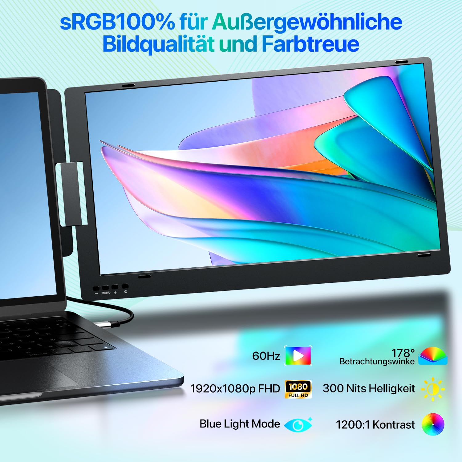 15.6 Inch Laptop Screen Extension, FHD Laptop Screen Extender, Laptop Extension 2 Monitors, Triple Screen Laptop Monitor USB-C/USB-A Extension for Laptop 12-16 Inch (Mac/Windows/Chrome) - 5