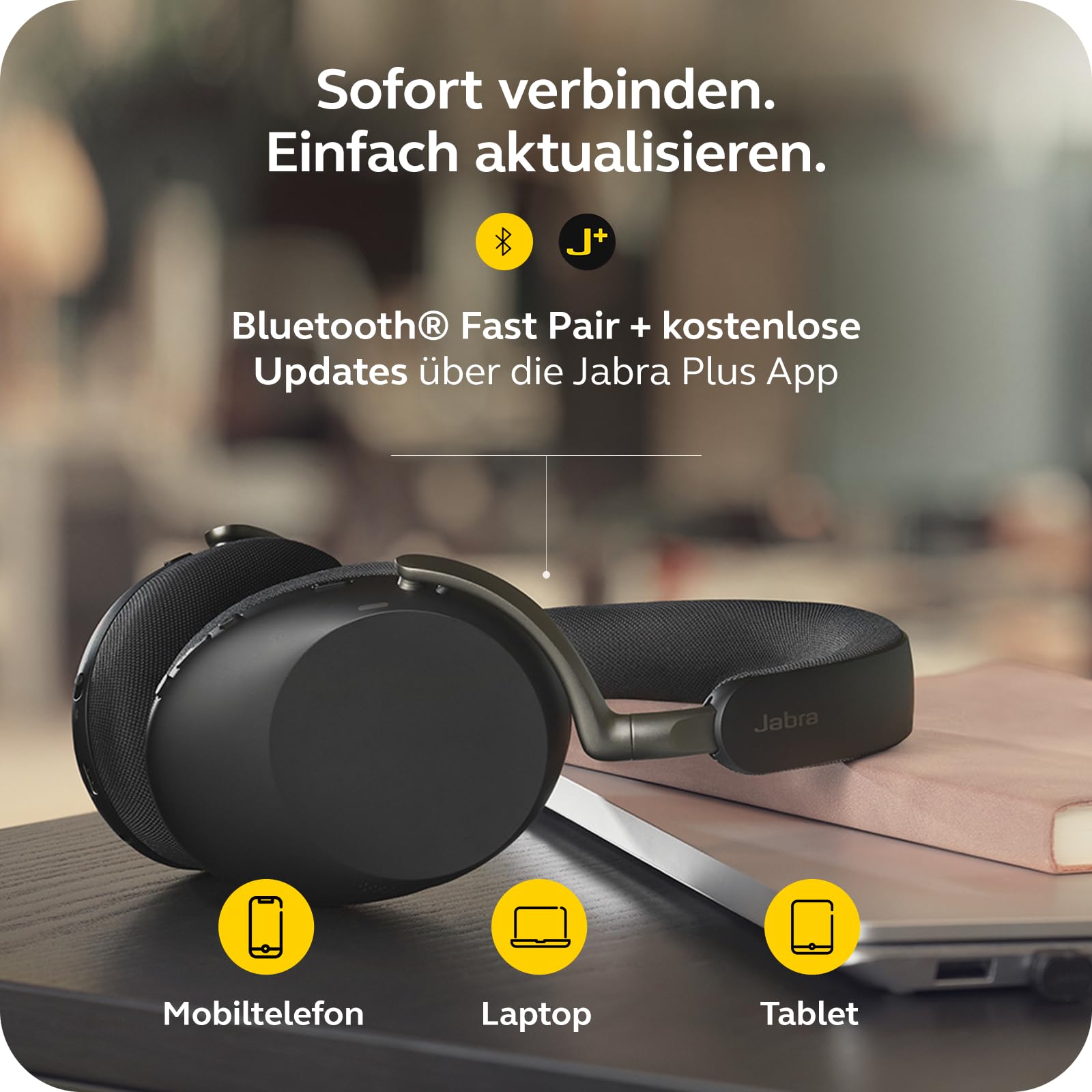 Jabra Evolve3 85 Over-Ear Bluetooth Headset kabellos mit Mikrofon für Büro, USB-C, KI-Sprachanruf, Adaptive Aktive Geräuschunterdrückung, 25h Akku, für Meeting-Apps, Schwarz