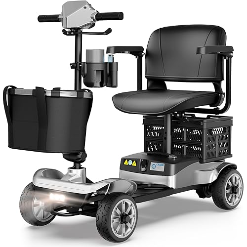 4 Wheel Mobility Scooter for Adults - Foldable Motorized Scooters 330 lb Capacity with Removable Battery, Dual Basket, Phone & Cup Holder, Silver