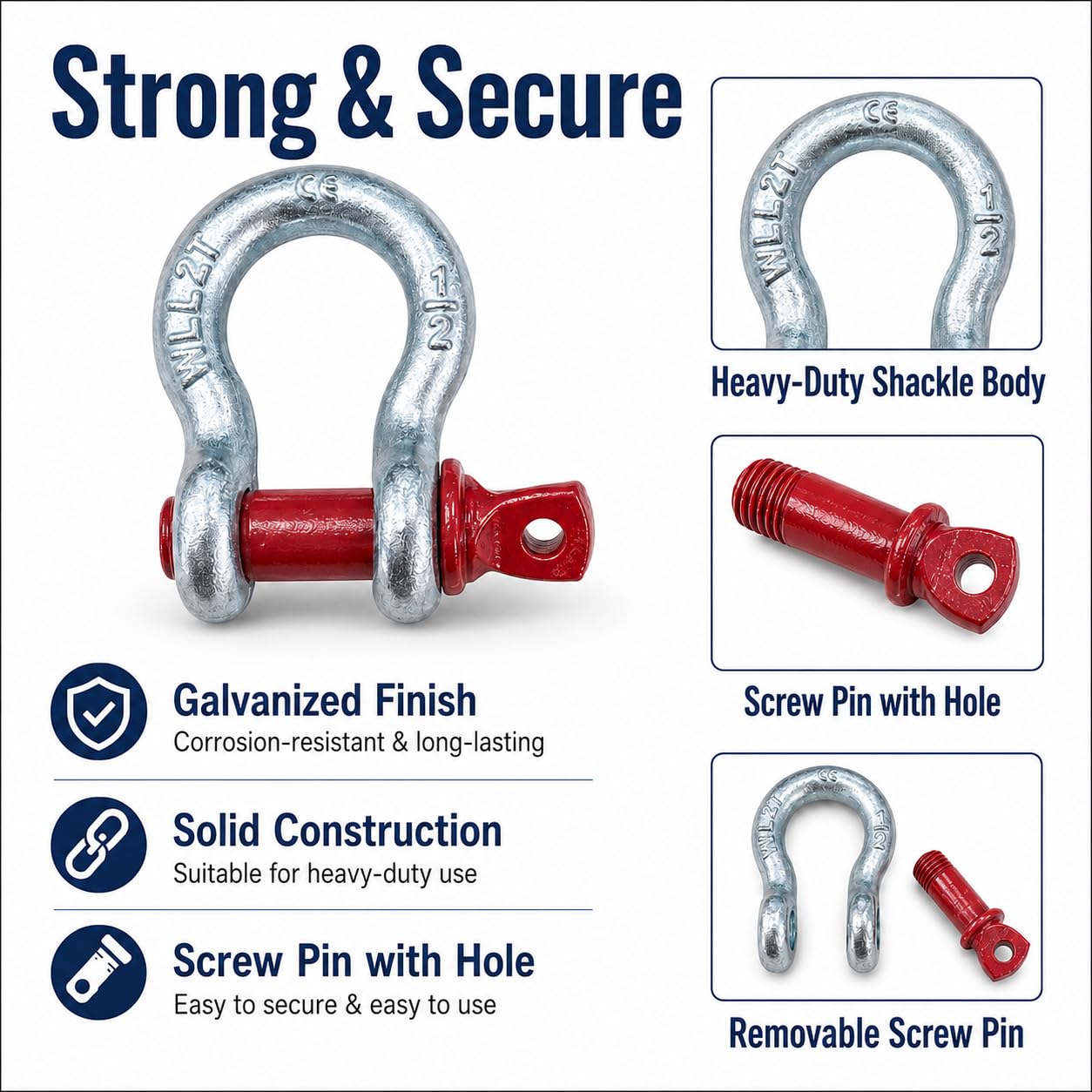 1/2 Inch D Ring Anchor Shackles, 4 Pack, 4410 lb WLL, Forged Alloy Steel