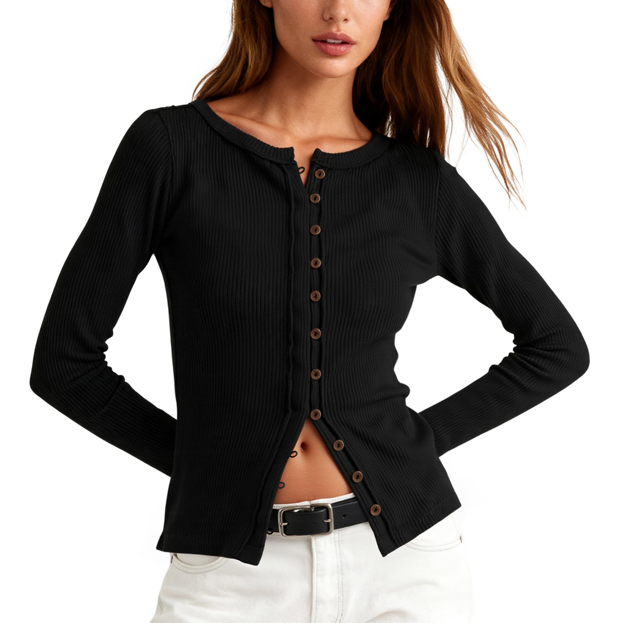 Womens Button Front Ribbed Knit Cardigan Long Sleeve Button Down Cropped Shirt Slim Fitted Sweater Tops Fall Spring