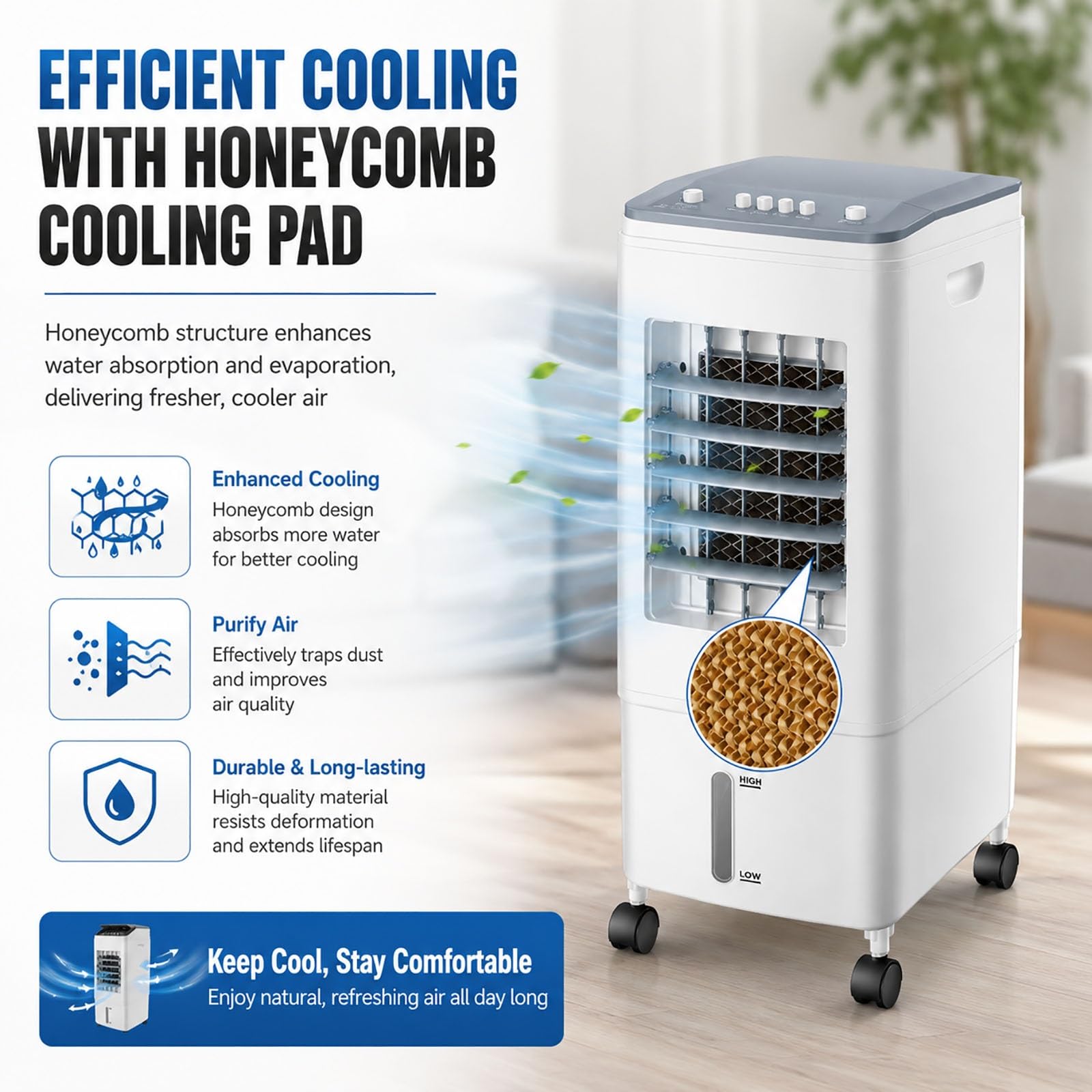 Climatizador Evaporativo, Ventilador de Torre Portátil 4 en 1, Tanque de 6L, 3 Velocidades y Modos, Oscilación 120°, Enfriador de Aire Silencioso con 4 Acumuladores de Hielo