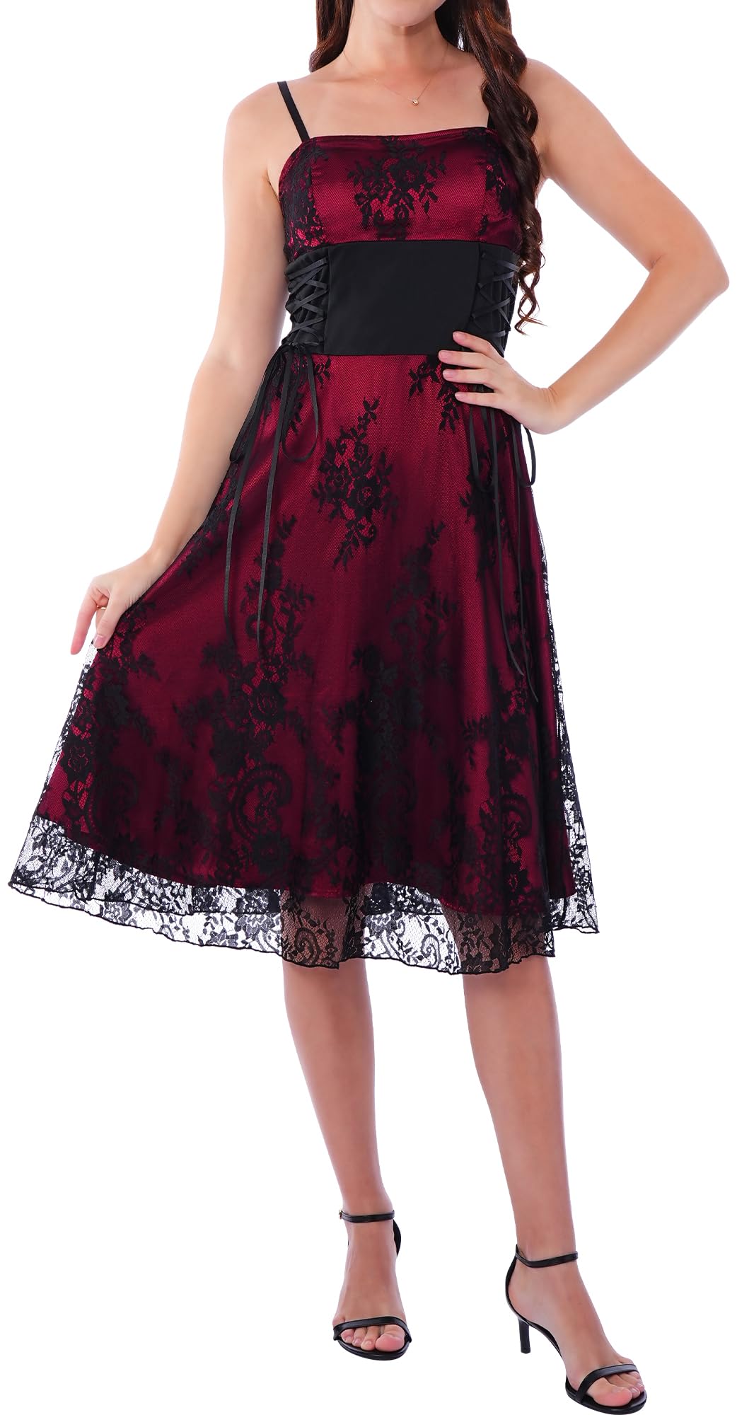 Womens Gothic Vintage Gowns Victorian Mesh Flowy Costumes Spaghetti Strap Bride Wedding Dress Medieval Western Outfit Lace Vampire Dresses Wine Red S