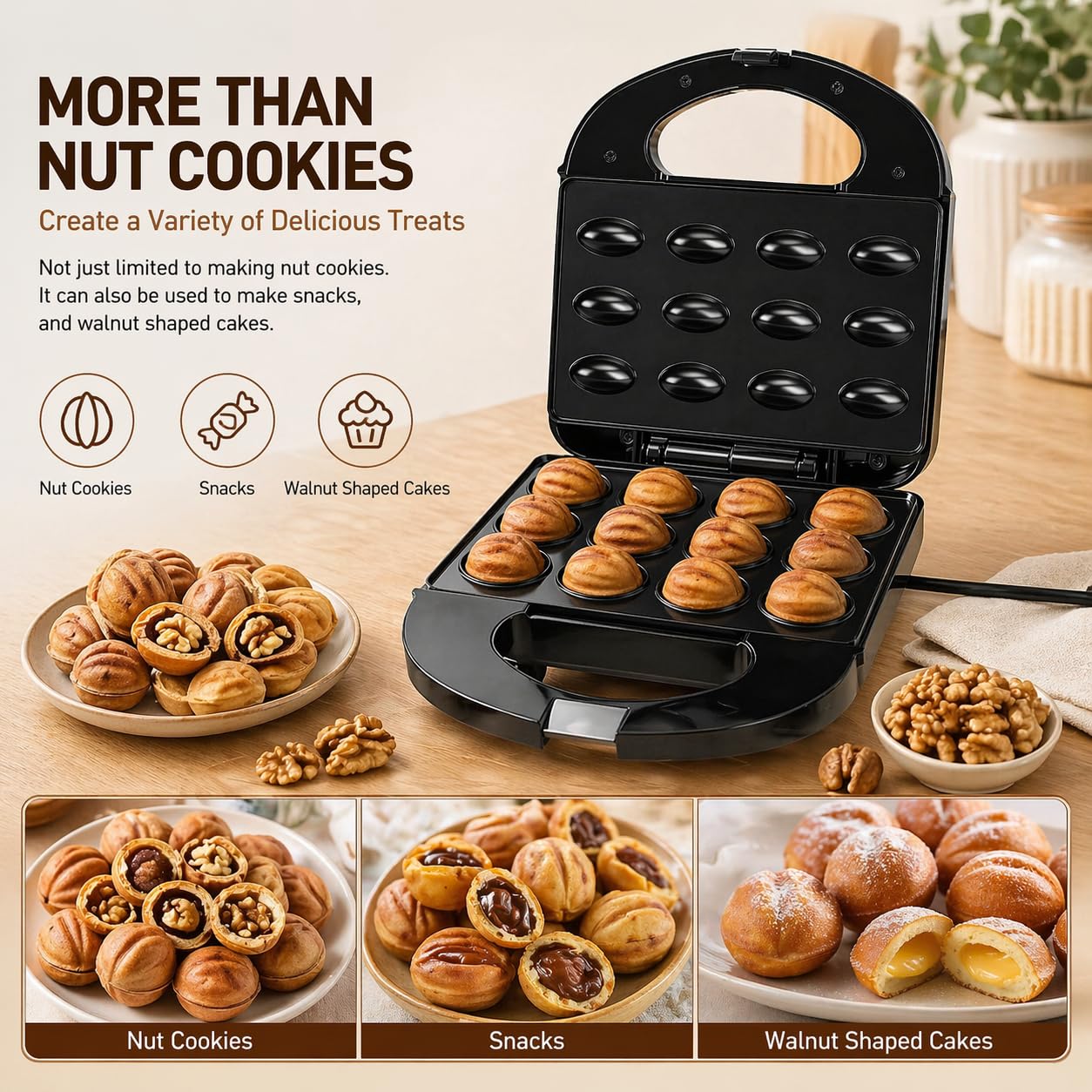 Vikye Walnuss-Keksform-Hersteller, 12 Antihaftbeschichtete Oreshki-Formenmacher, Russisch, 750 W Walnuss-Keksform für Oreshki-Nuss-Kuchen (EU-Stecker 220 V)