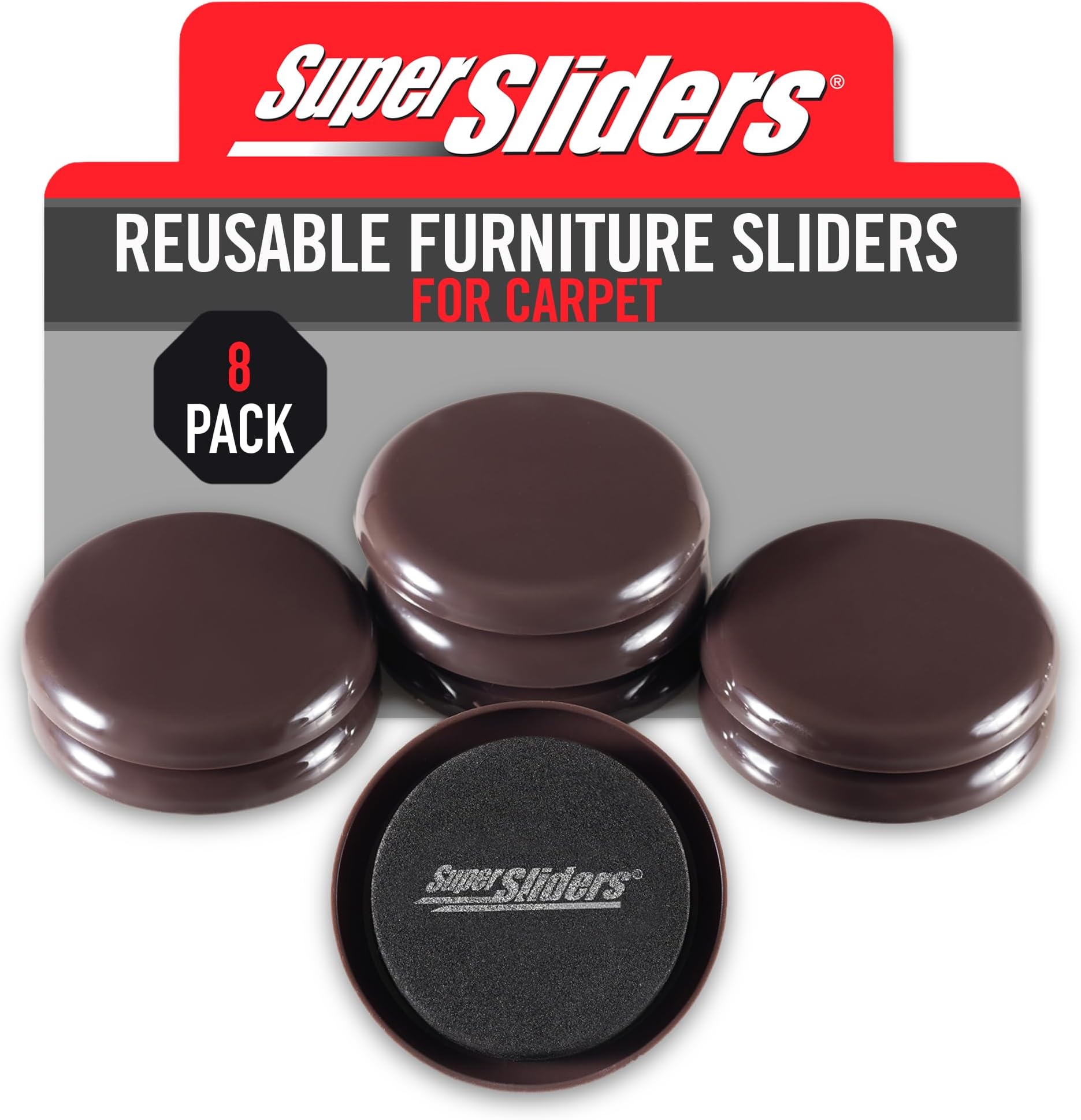 Super Sliders 2-1/2" Round Reusable Furniture Sliders for Carpet, Anti-Slip Protective Furniture Moving Pads for Beds, Sofas, Dressers, Set of 8, Brown