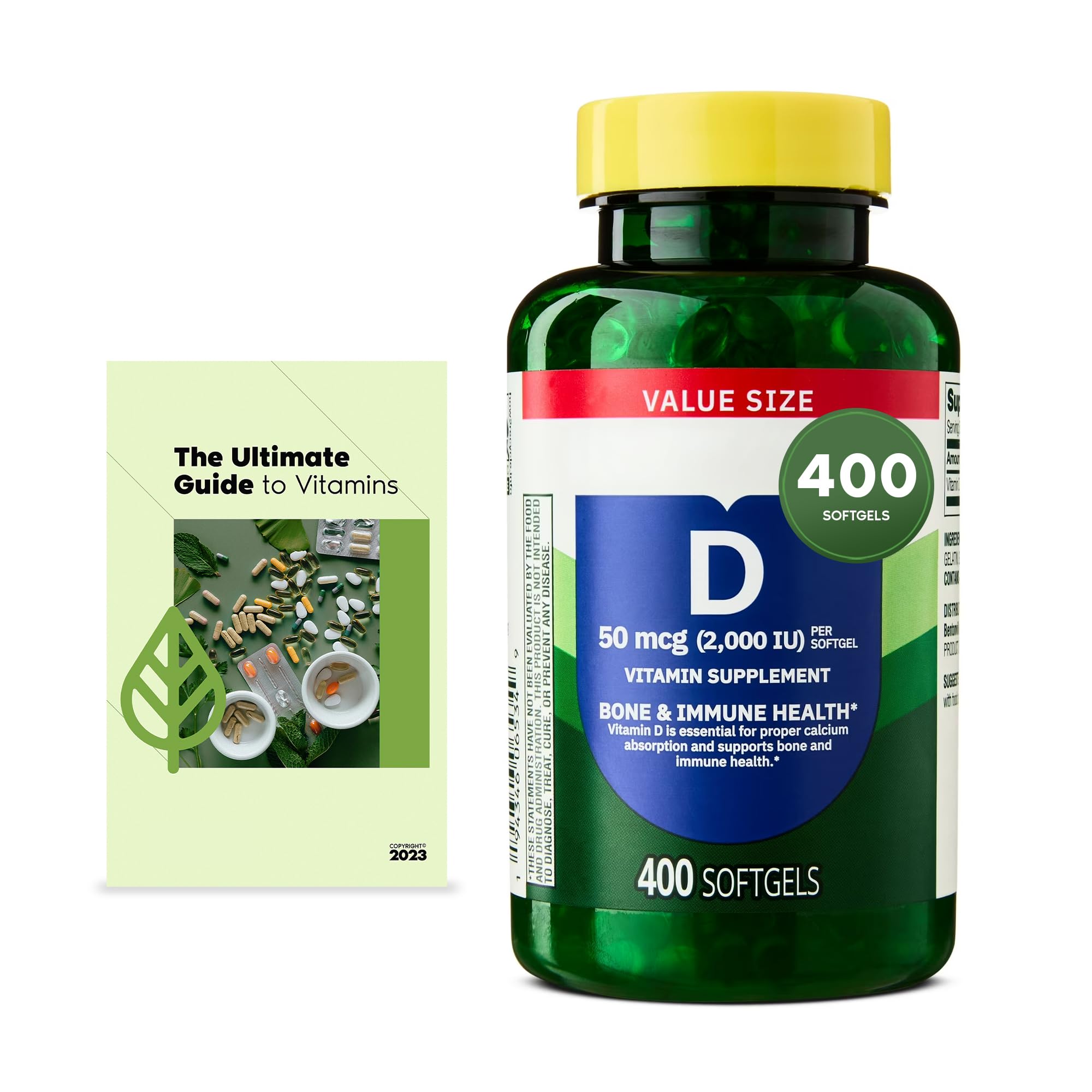 Spring Vitamin D3 Softgels, 50 mcg (2,000 IU), 400 Softgels, Bone &amp; Immune System Support, Daily Dietary Supplement + Exclusive Vitamin Guide (2 Items)