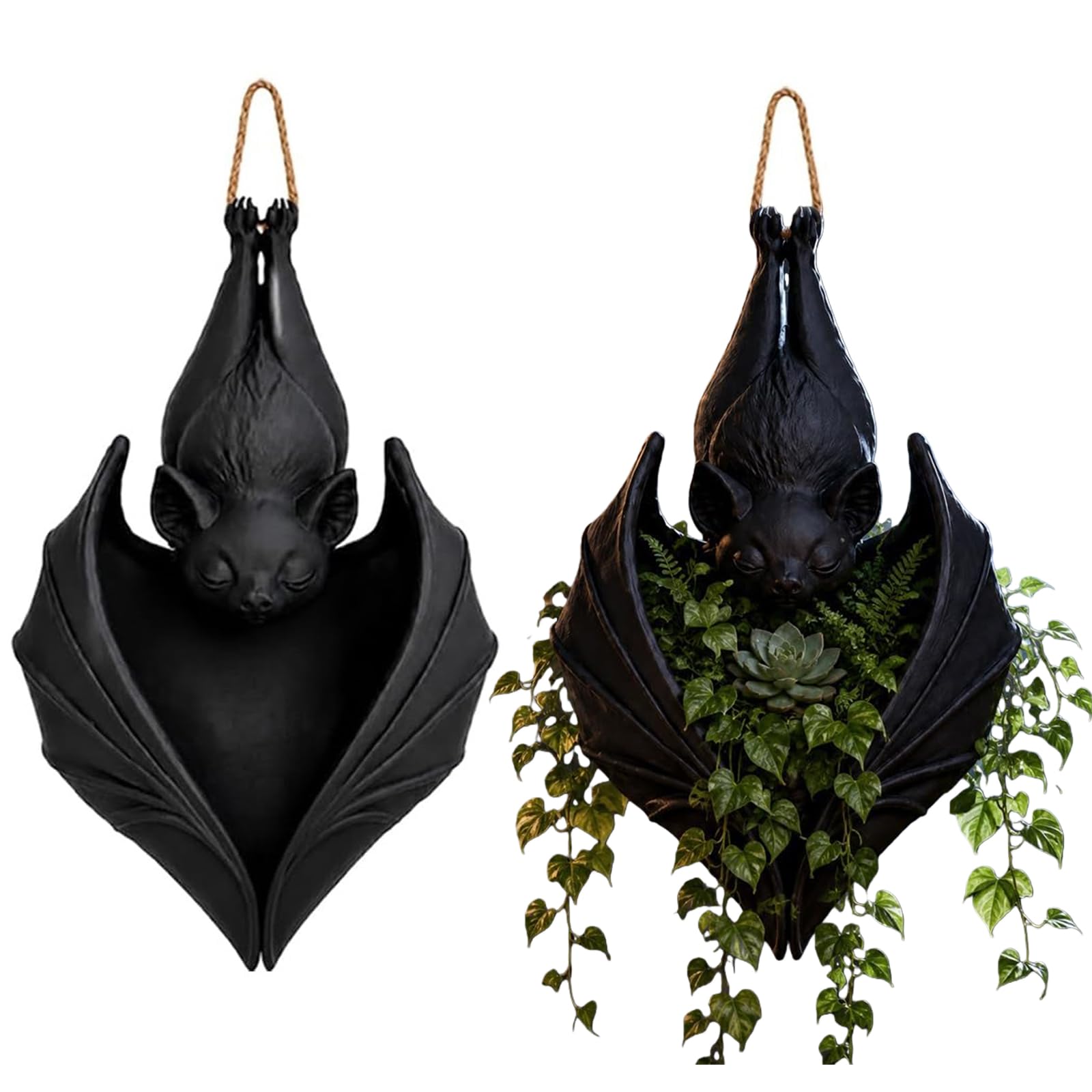 2Pc Hanging Bat Plant Pot, Gothic Halloween Planter Hanger Holder