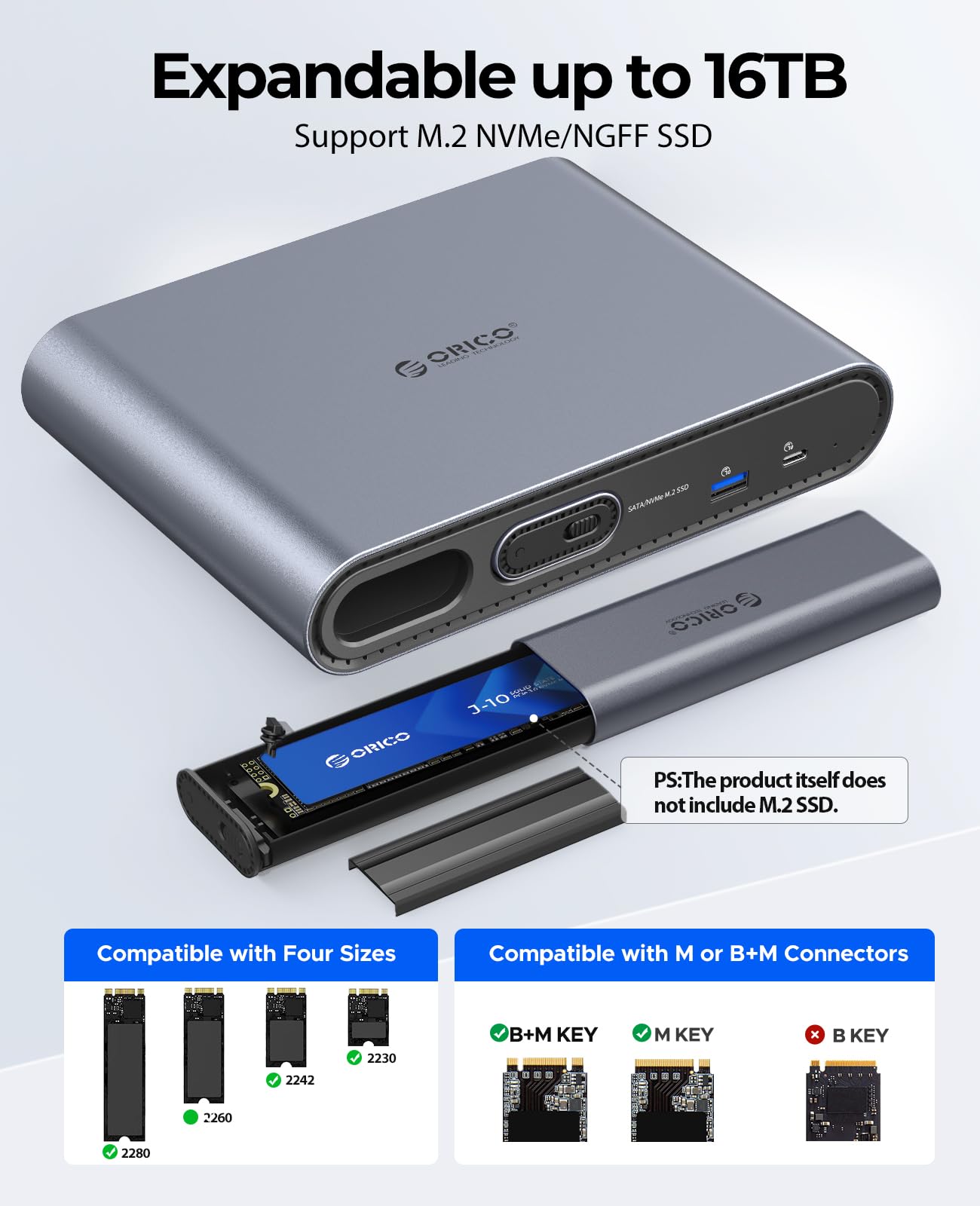 ORICO Stacja dokująca USB-C 10 w 1 z podwójną obudową M.2 NVMe/SATA SSD, 10 Gbps USB, Dual HDMI 4K 60 Hz, 60 W PD, RJ45 - do MacBook Pro/Air (PTM2)